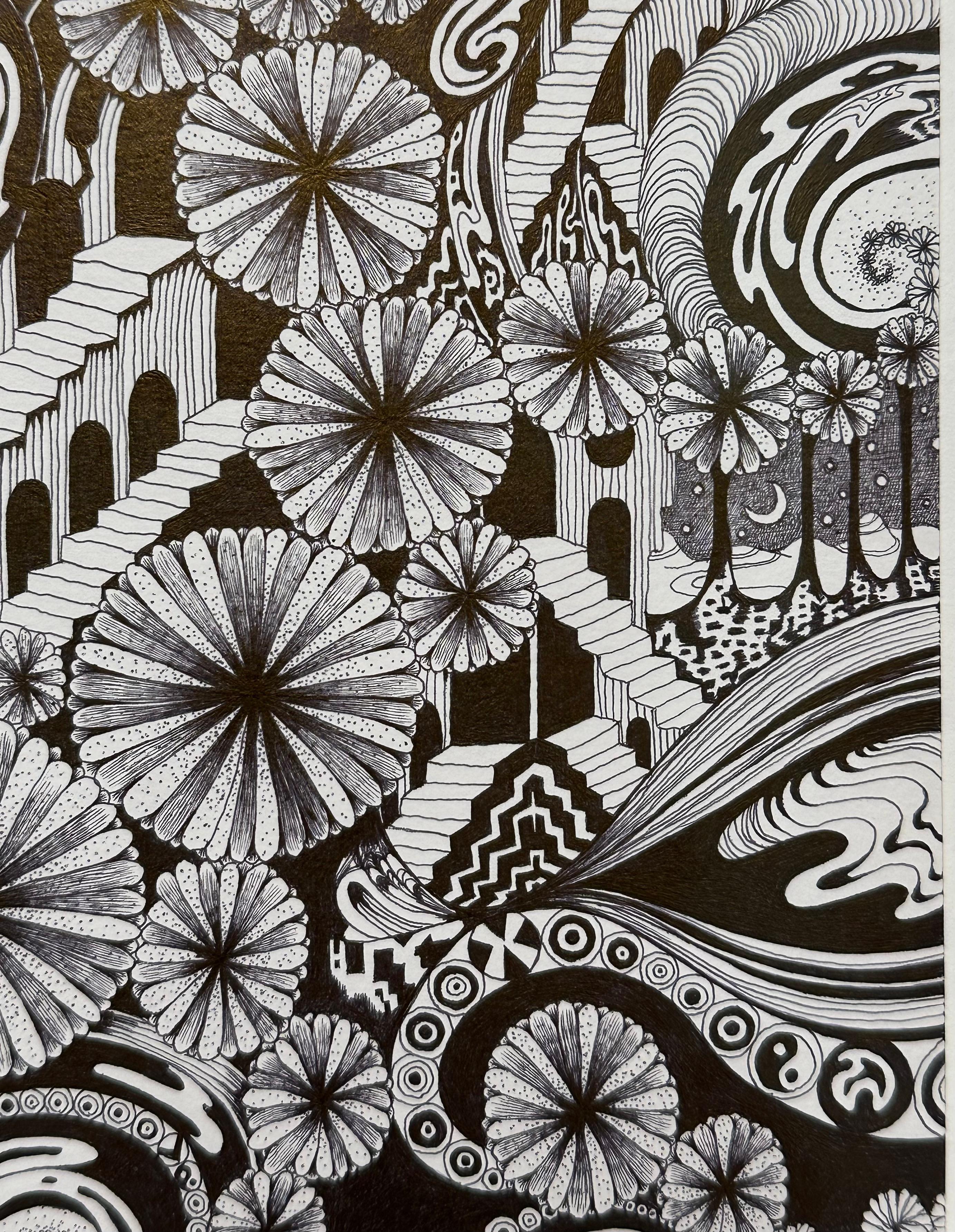 Eine surreale Szene mit Spiralen, floralen Formen und akribisch ausgeführten Schwarz-Weiß-Mustern. Diese Zeichnung ist vollständig von Hand gezeichnet, nur mit Stift und Papier.

Gerahmt in einem massiven schwarzen Holzrahmen mit Museumsglas, 10 x