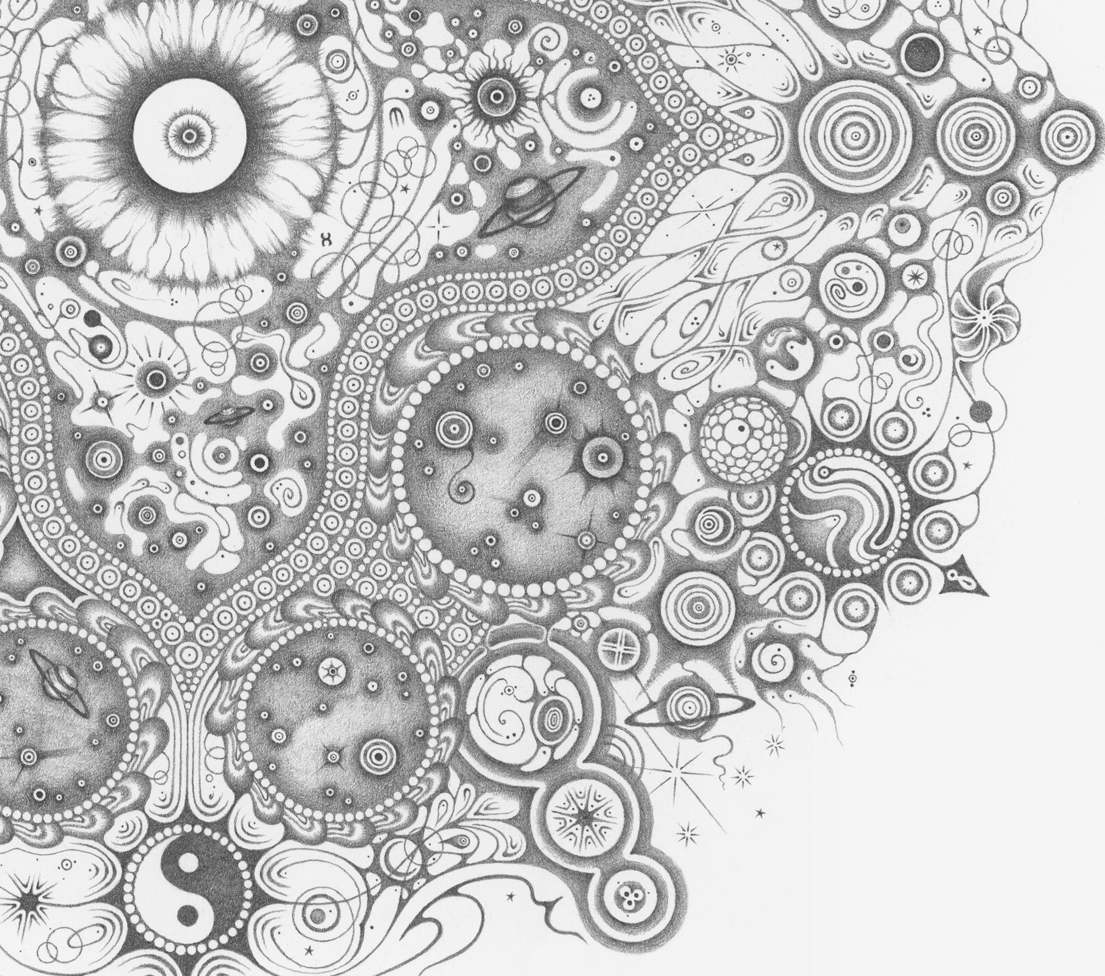 Copos de Nieve 152 Trance Fusión, Ying y Yang, Planetas, Mandala Lápiz - Abstract Drawing Gris de Michiyo Ihara