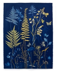 Gold Flora Ferns - Botanical Cyanotype Painting Blue Flowers Ferns, 2021-'24