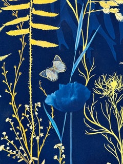 Gold Flora Ferns - Botanical Cyanotype Painting Blue Flowers Ferns, 2021-'24
