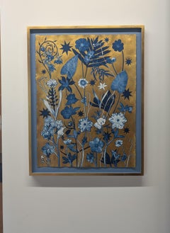 Gold Flora Shadows Orchid - Metallic Botanical Cyanotype Painting Flowers, 2023