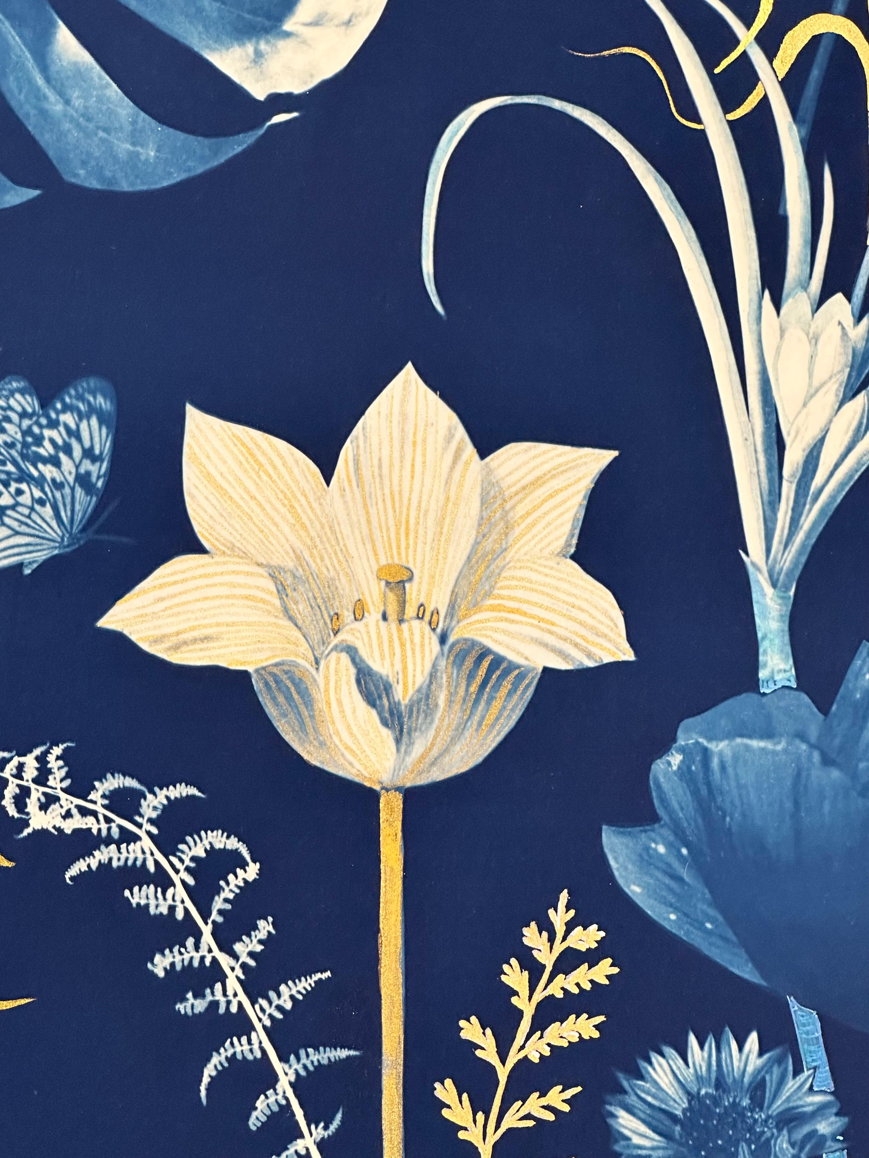 Gold Flora Shadows Tulips - Botanical Cyanotype Painting Flowers, 2023-'24 - Contemporary Art by Julia Whitney Barnes