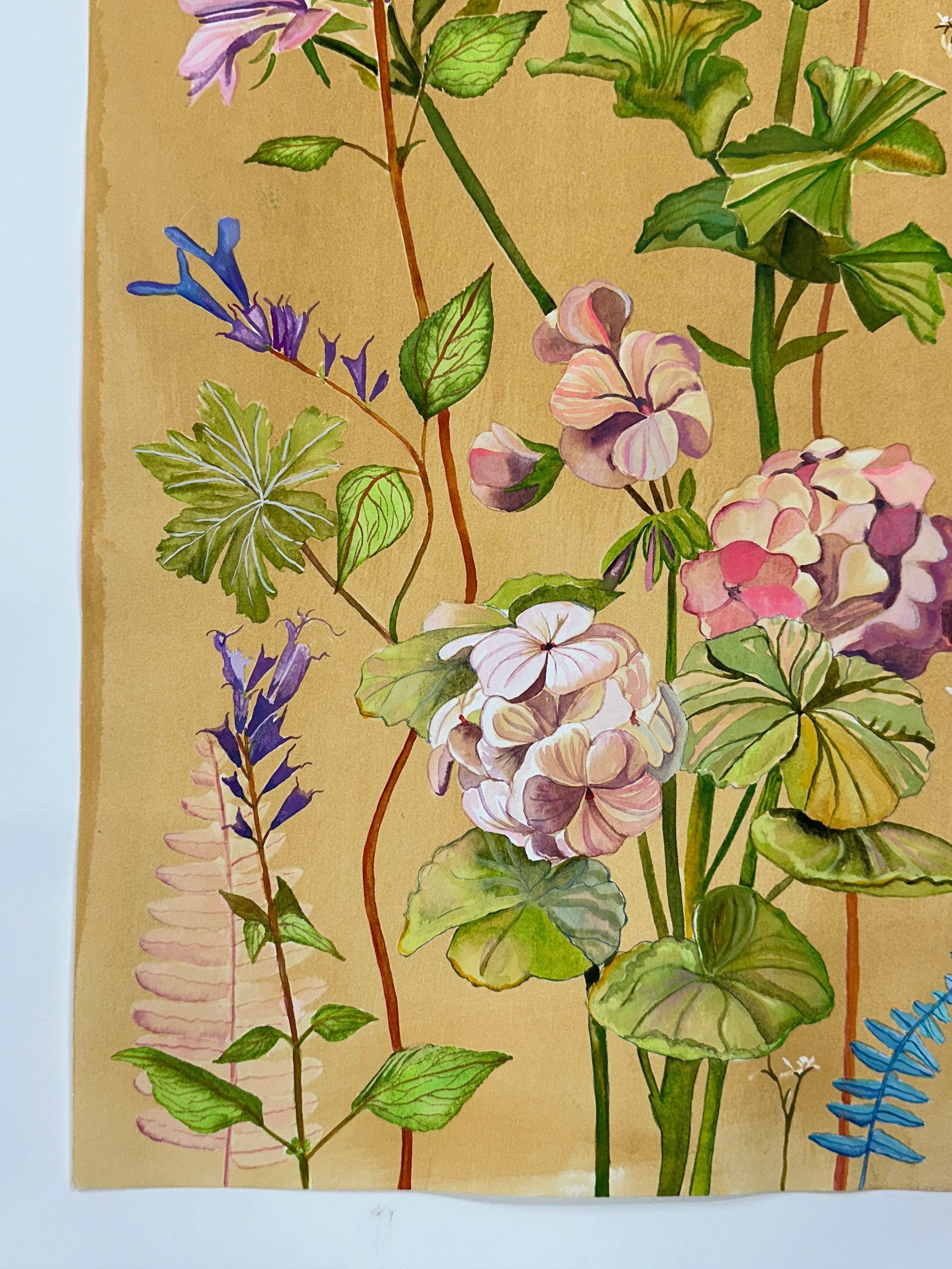 Naturaleza Luminosa Geranios - Pintura Botánica Cianotipia Flores Pájaro, 2021-'22 - Art Contemporáneo de Julia Whitney Barnes