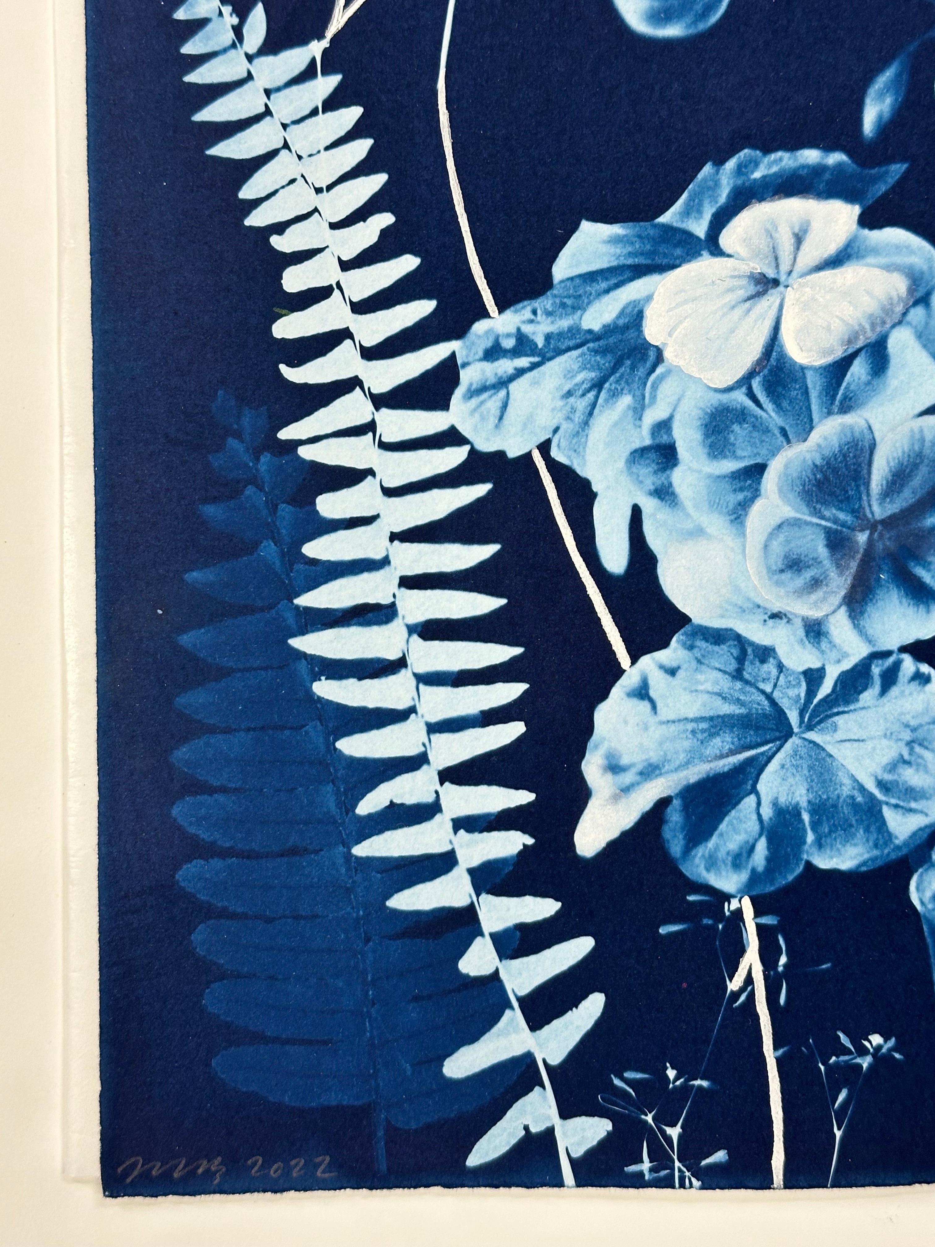 Nocturnal Nature Geraniums - Botanical Cyanotype Painting Flowers Bird, 2021-'22 - Contemporary Art by Julia Whitney Barnes