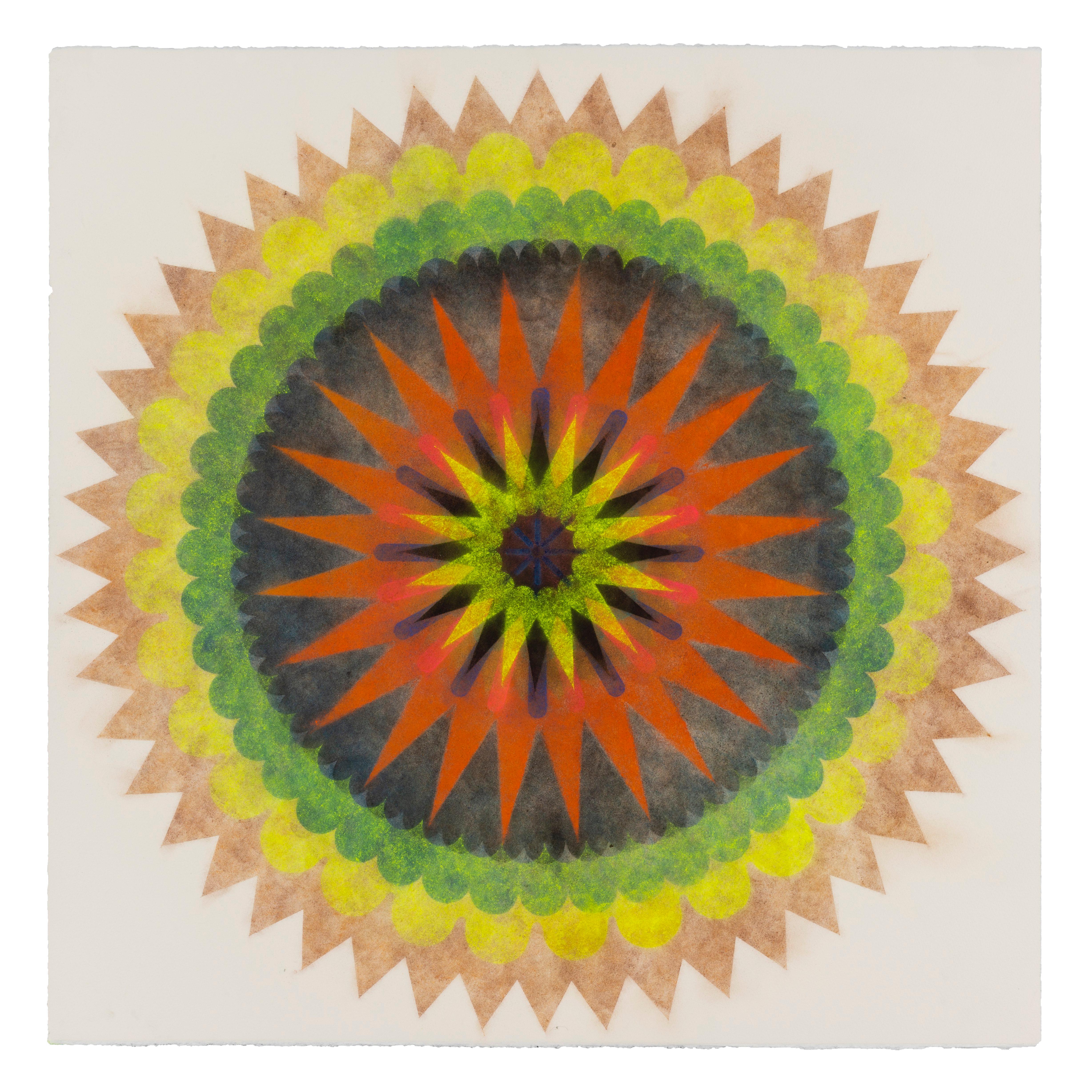 Abstract Drawing di Mary Judge - Poptic Five - Disegno contemporaneo Mandala di fiori giallo verde arancio, 2020