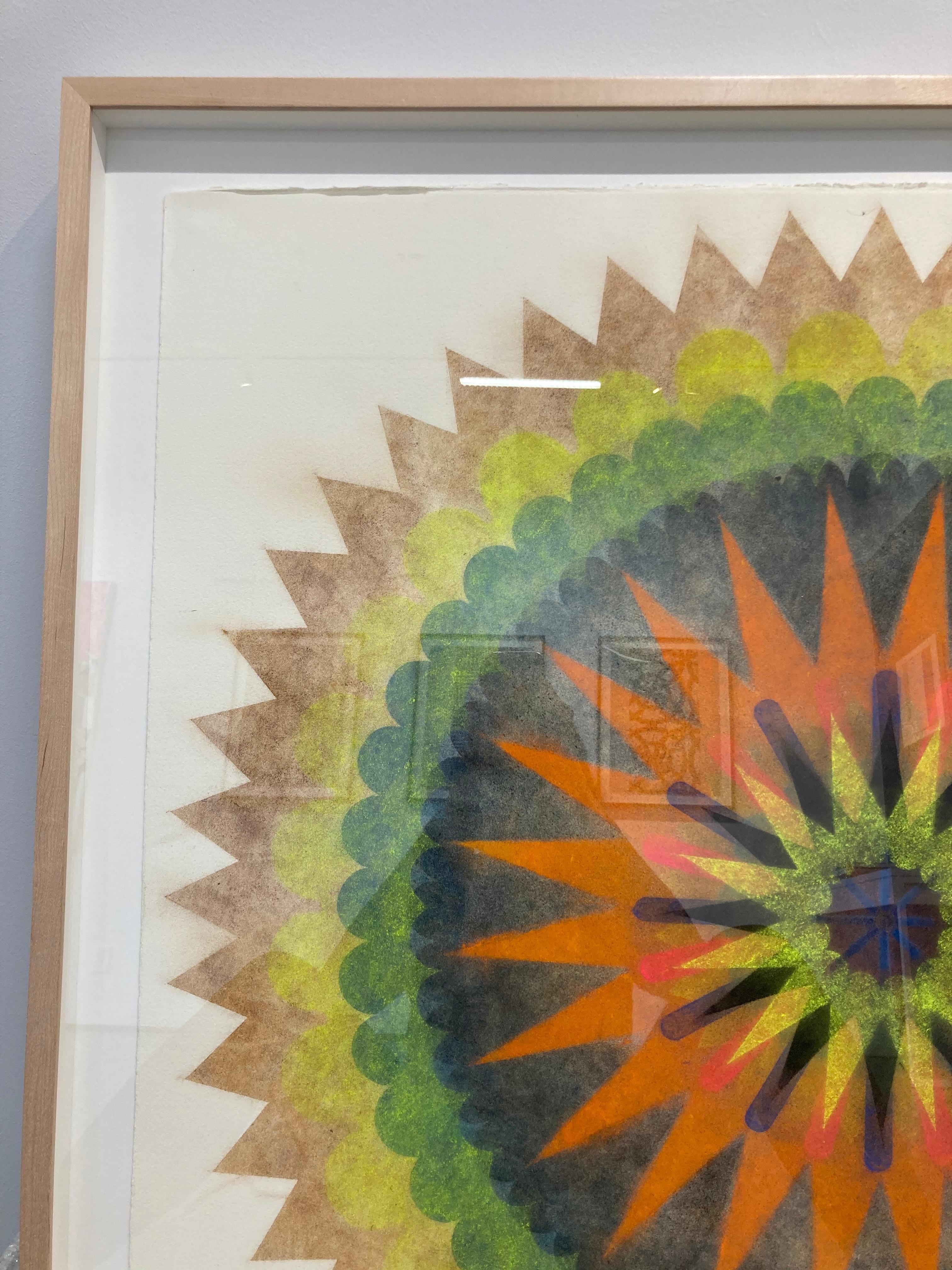 Poptic Five - Disegno contemporaneo Mandala di fiori giallo verde arancio, 2020 - Abstract Drawing Marrone di Mary Judge