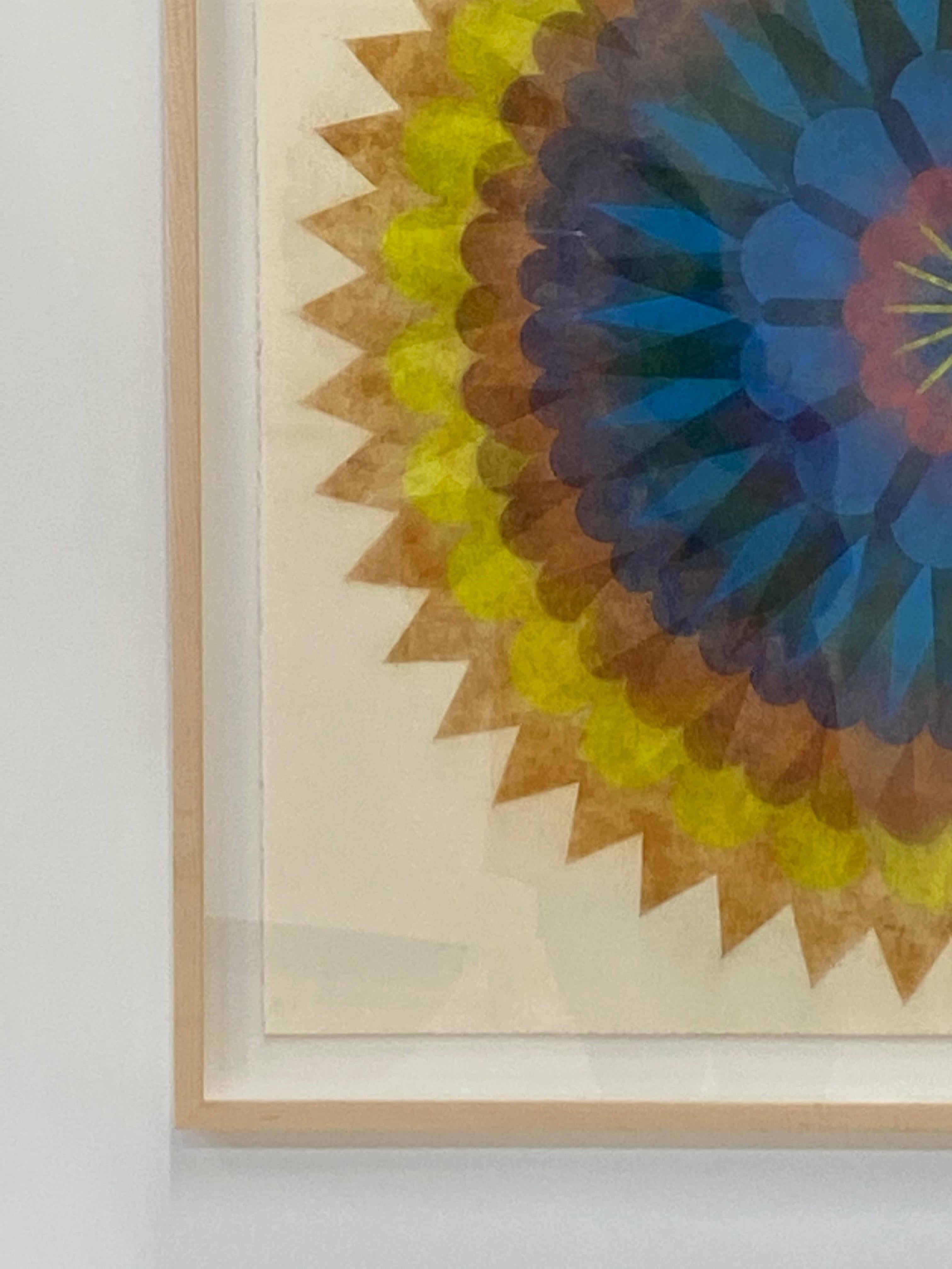 Poptic Nine - Contemporary Geometric Abstract Mandala Gelb Blau Pfirsich, 2020 (Braun), Abstract Drawing, von Mary Judge