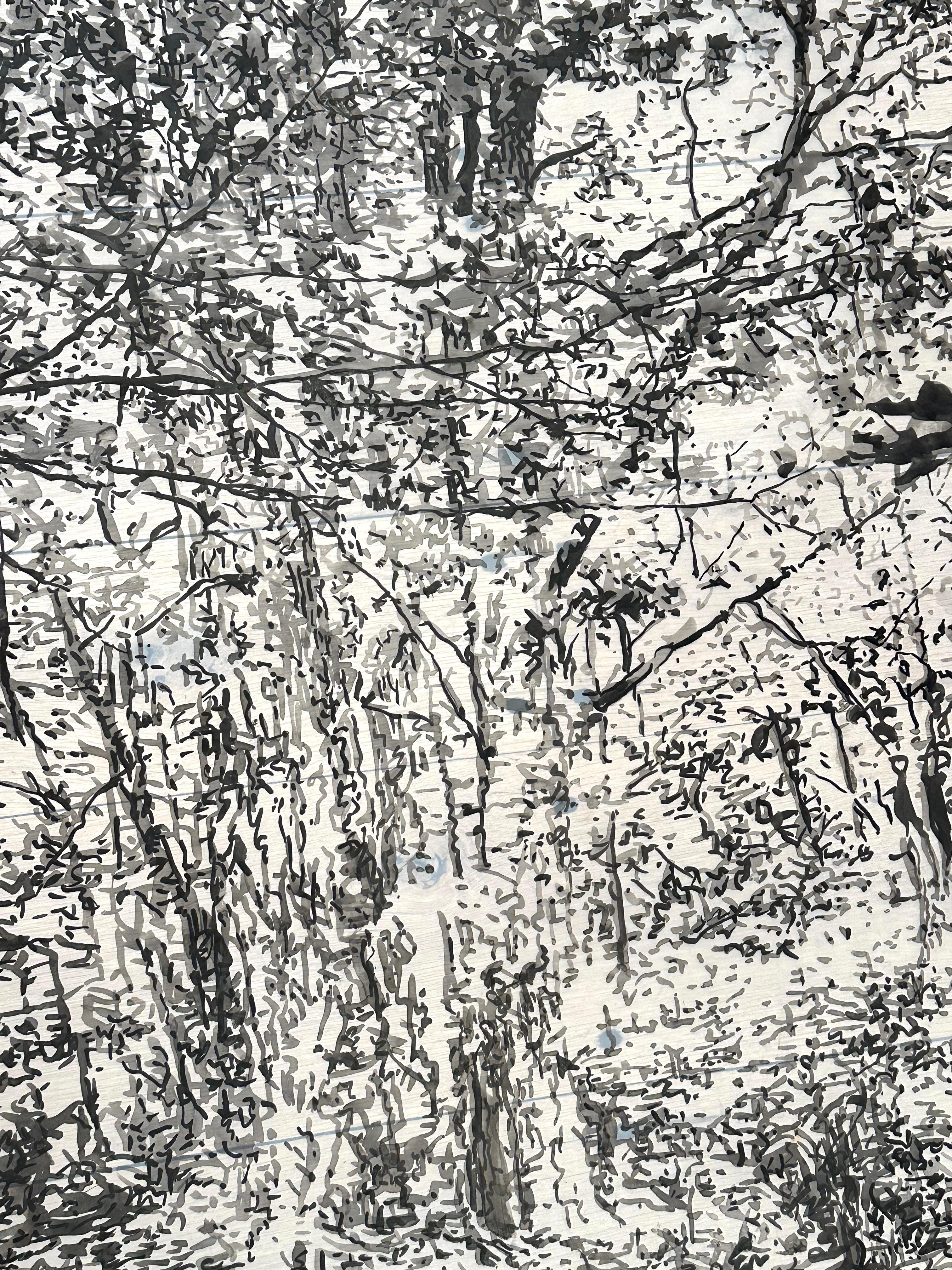 Big Tree - Waldlandschaft Schwarze Sumi-Tinte Weiß Mylar, 2024 (Zeitgenössisch), Art, von Andrea Kantrowitz