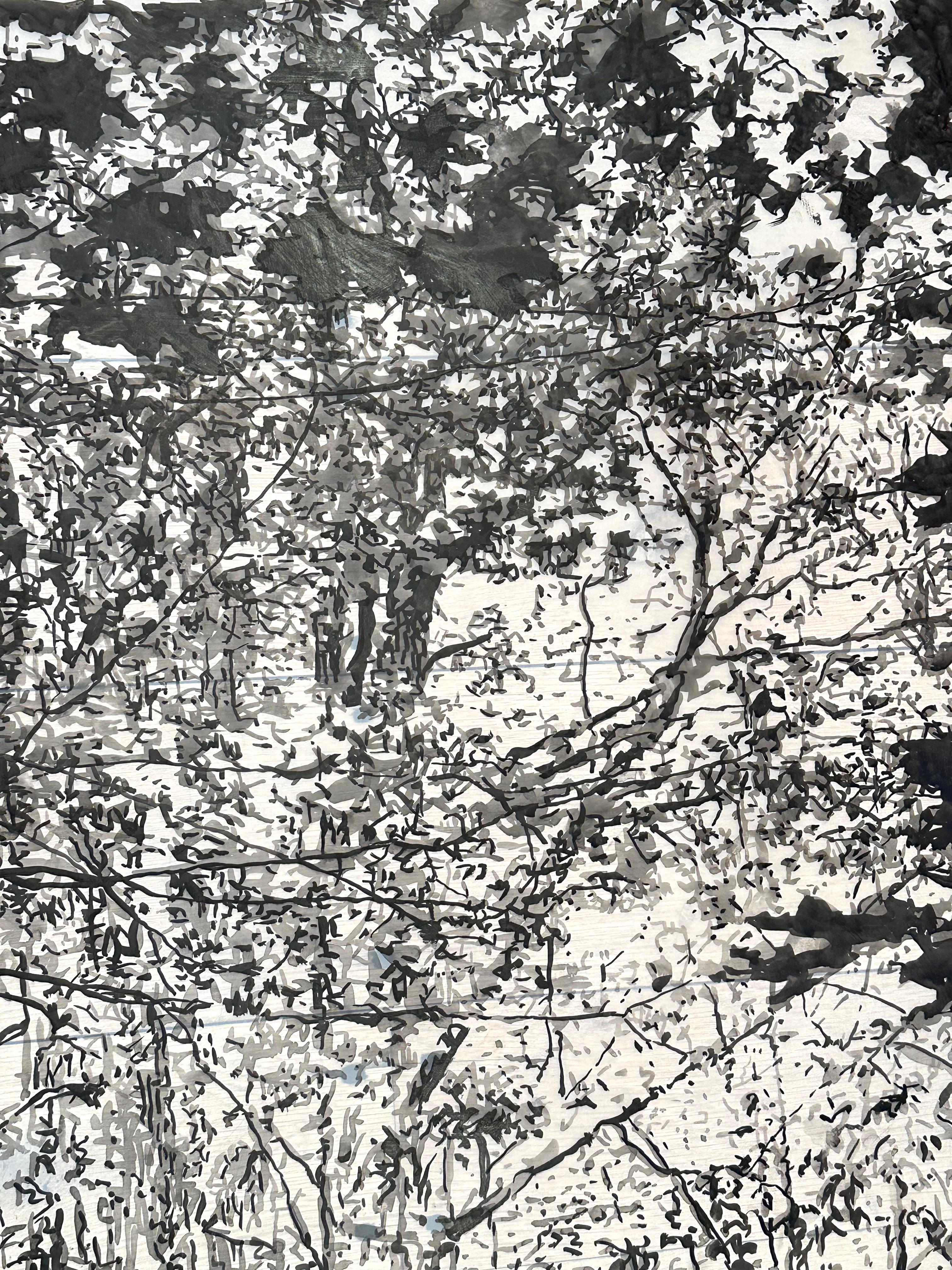 Big Tree - Waldlandschaft Schwarze Sumi-Tinte Weiß Mylar, 2024 (Grau), Landscape Art, von Andrea Kantrowitz