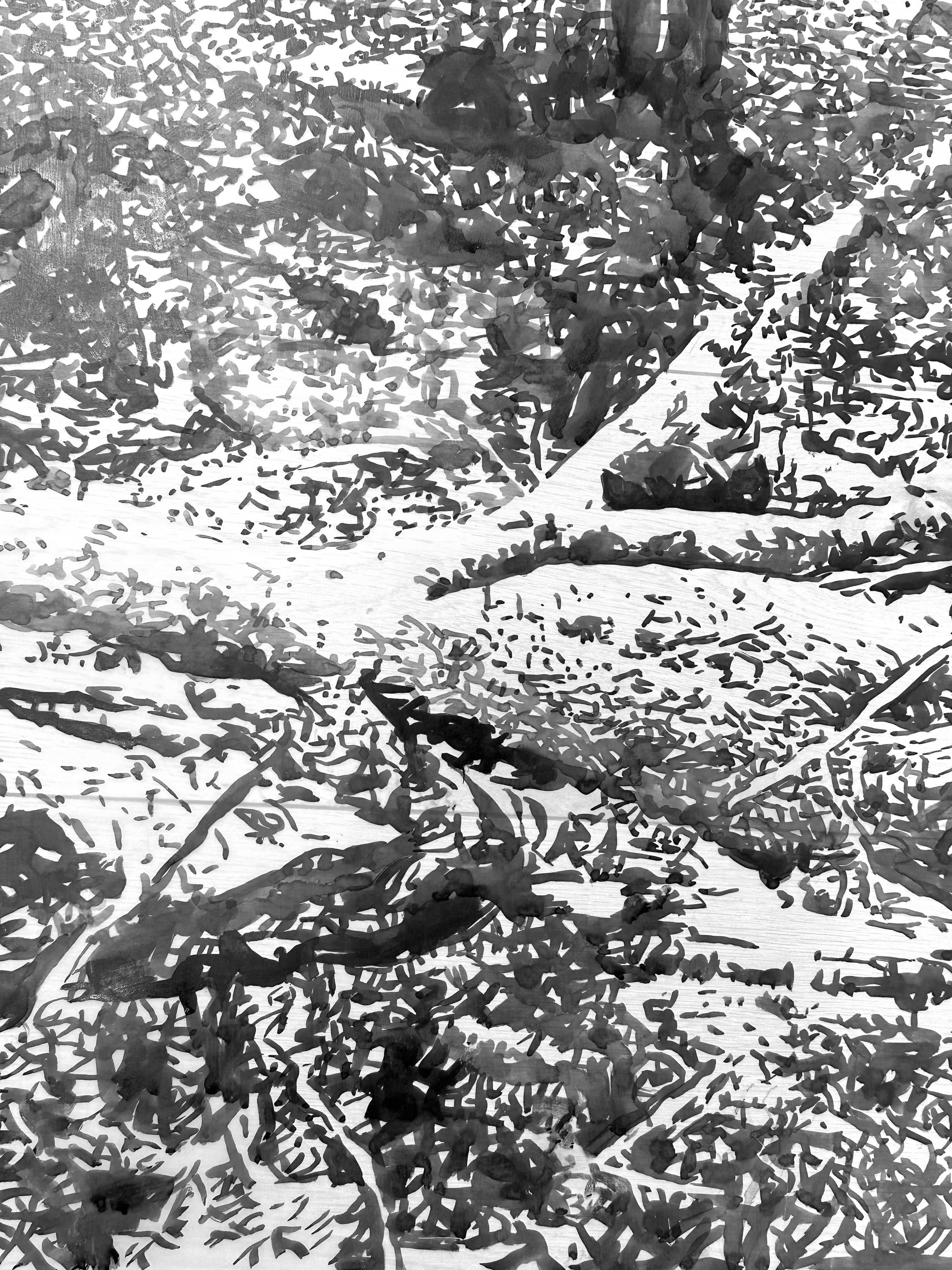 Fallen Logs – Waldlandschaft mit schwarzer Sumi-Tinte und weißem Mylar, 2024 (Zeitgenössisch), Art, von Andrea Kantrowitz