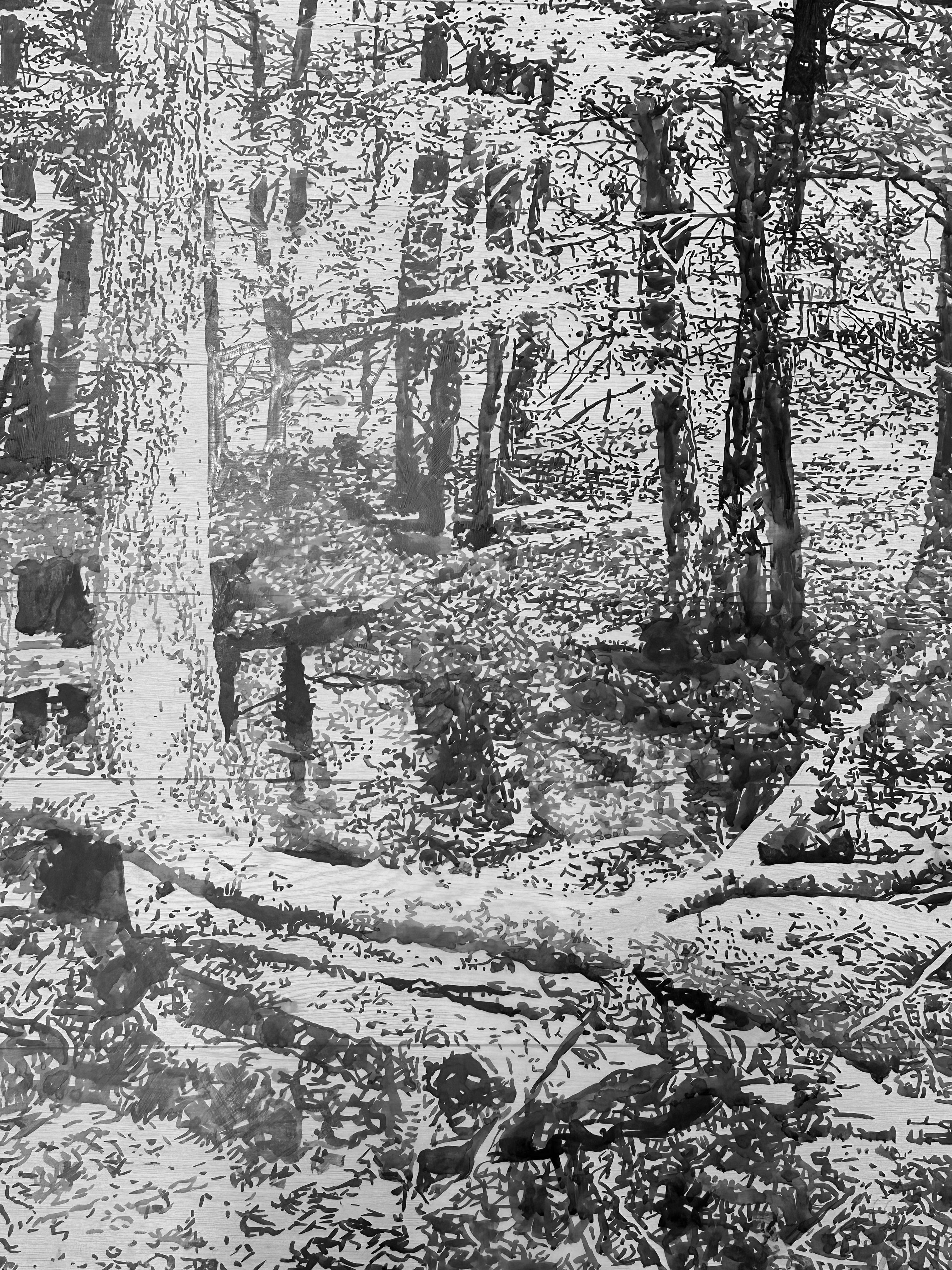 Fallen Logs – Waldlandschaft mit schwarzer Sumi-Tinte und weißem Mylar, 2024 – Art von Andrea Kantrowitz