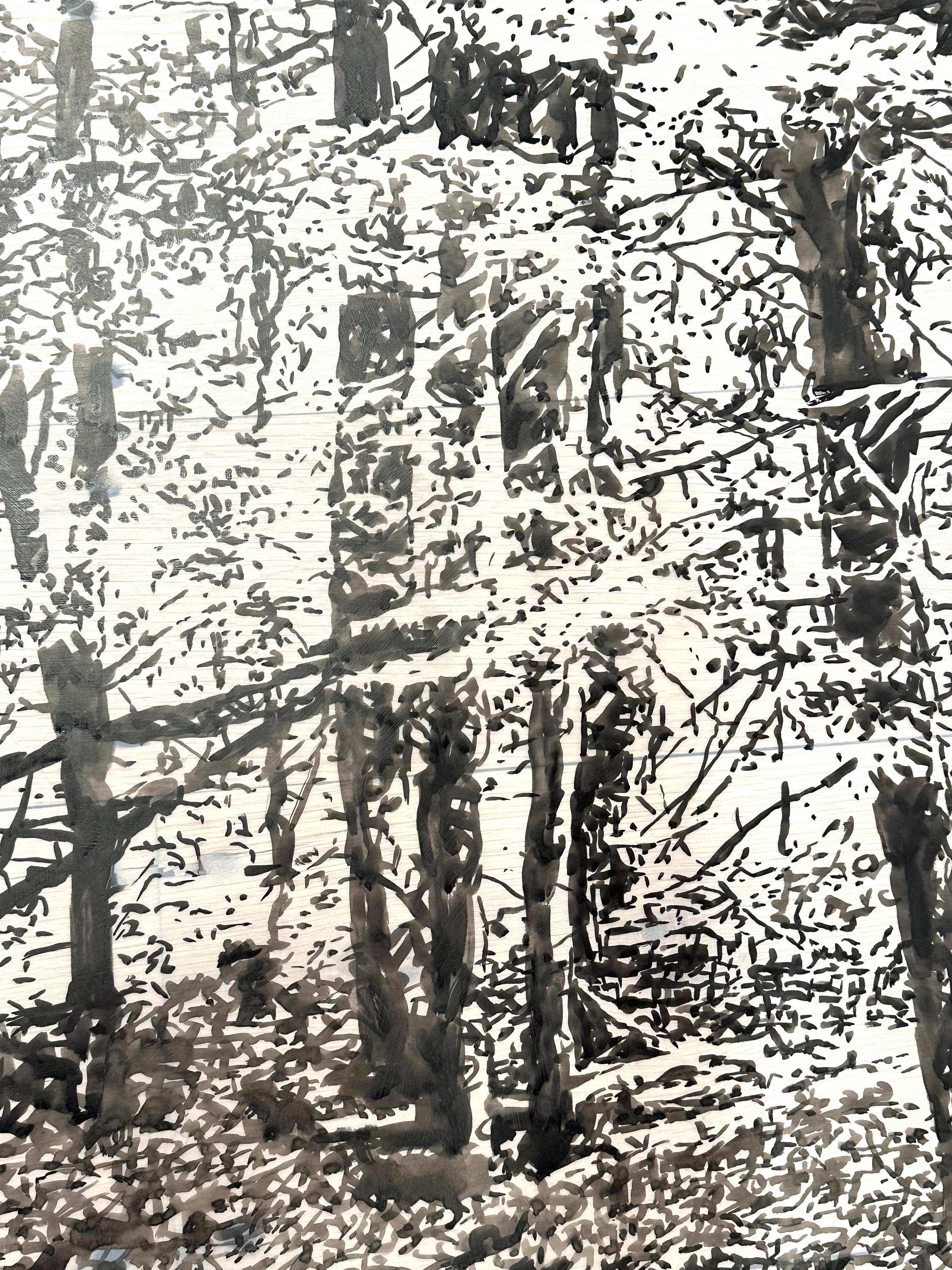 Dieses zeitgenössische Landschaftsbild mit schwarzer Sumi-Tinte auf Mylar zeigt eine friedliche Waldszene mit vielen Details, die die Gelassenheit eines Waldspaziergangs wunderbar einfangen.

Diese Tuschezeichnung auf Mylar muss montiert und