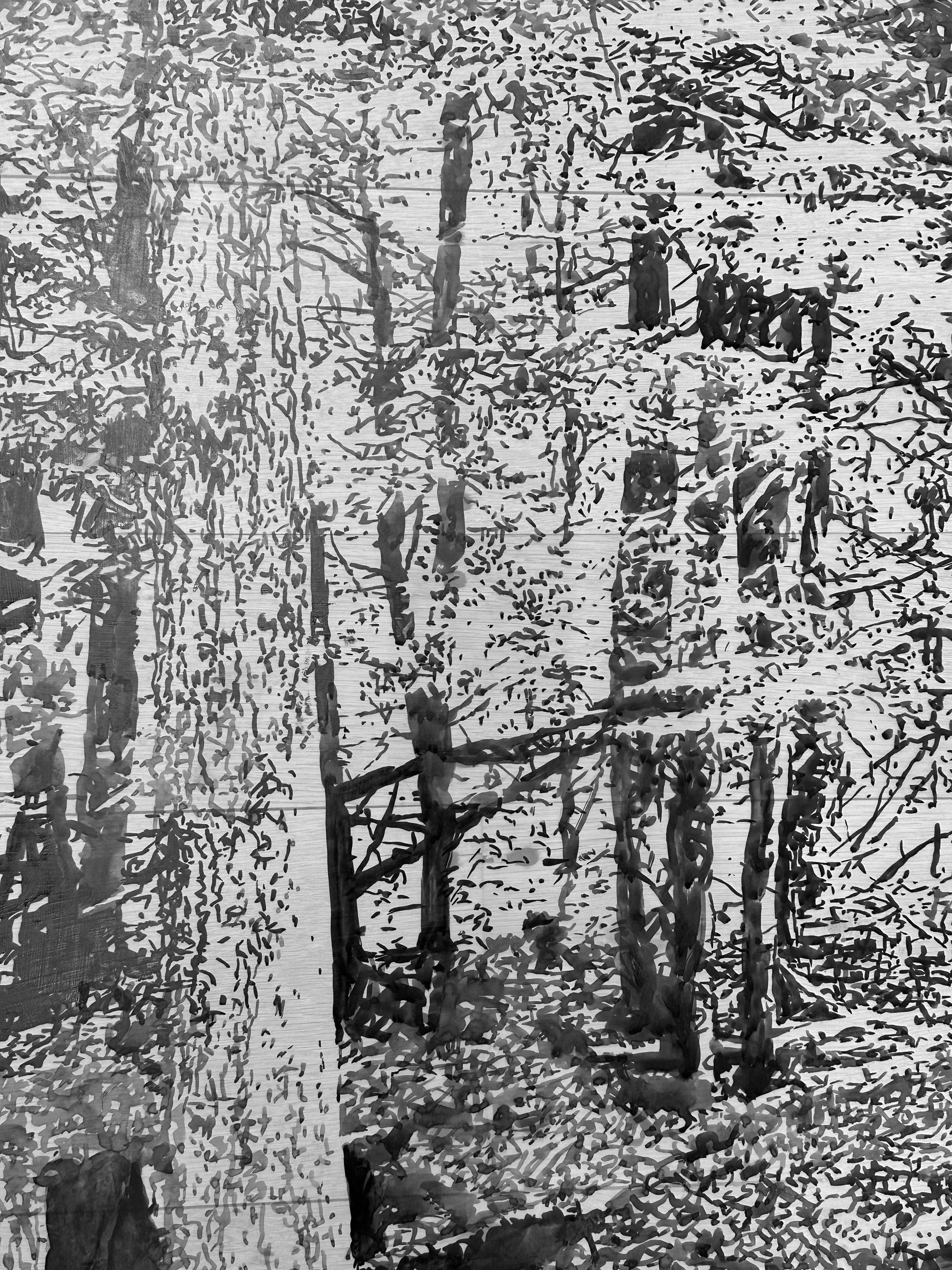 Fallen Logs – Waldlandschaft mit schwarzer Sumi-Tinte und weißem Mylar, 2024 (Grau), Landscape Art, von Andrea Kantrowitz