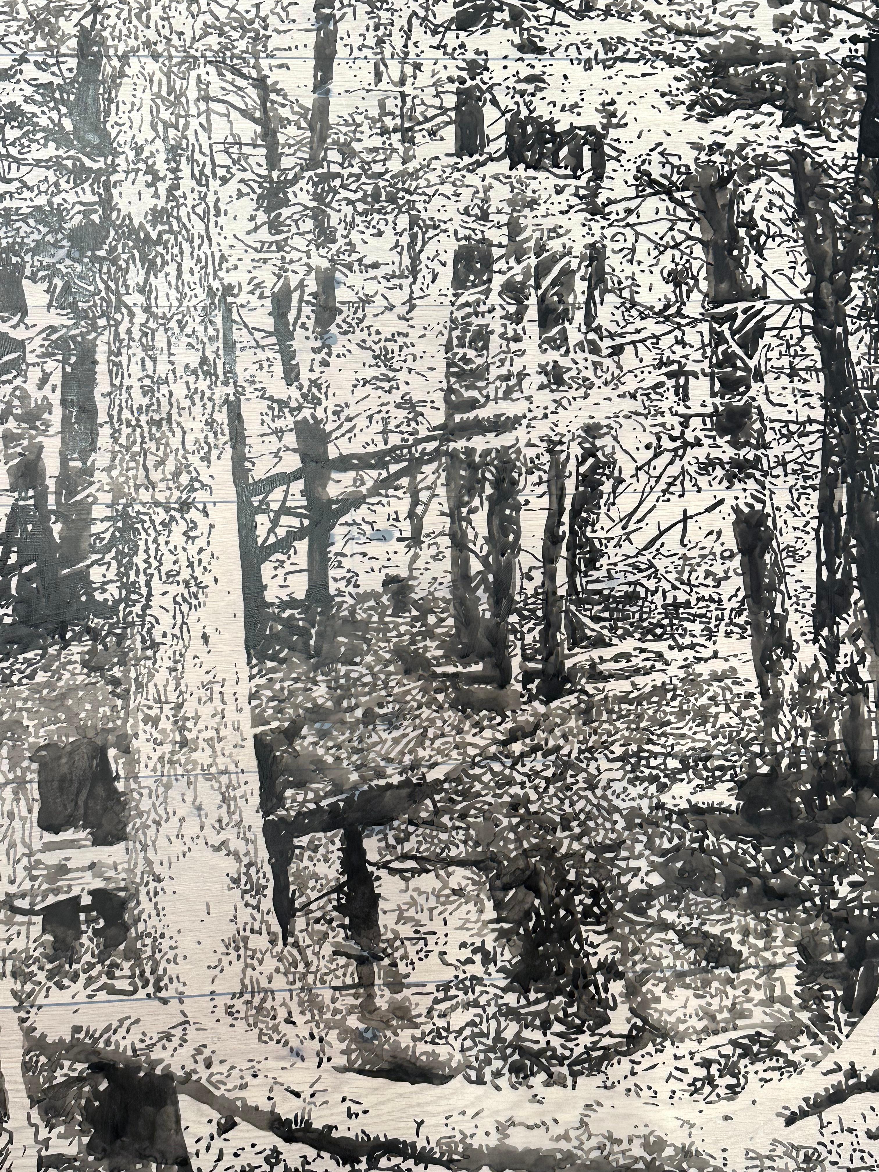 Fallen Logs – Waldlandschaft mit schwarzer Sumi-Tinte und weißem Mylar, 2024 im Angebot 1