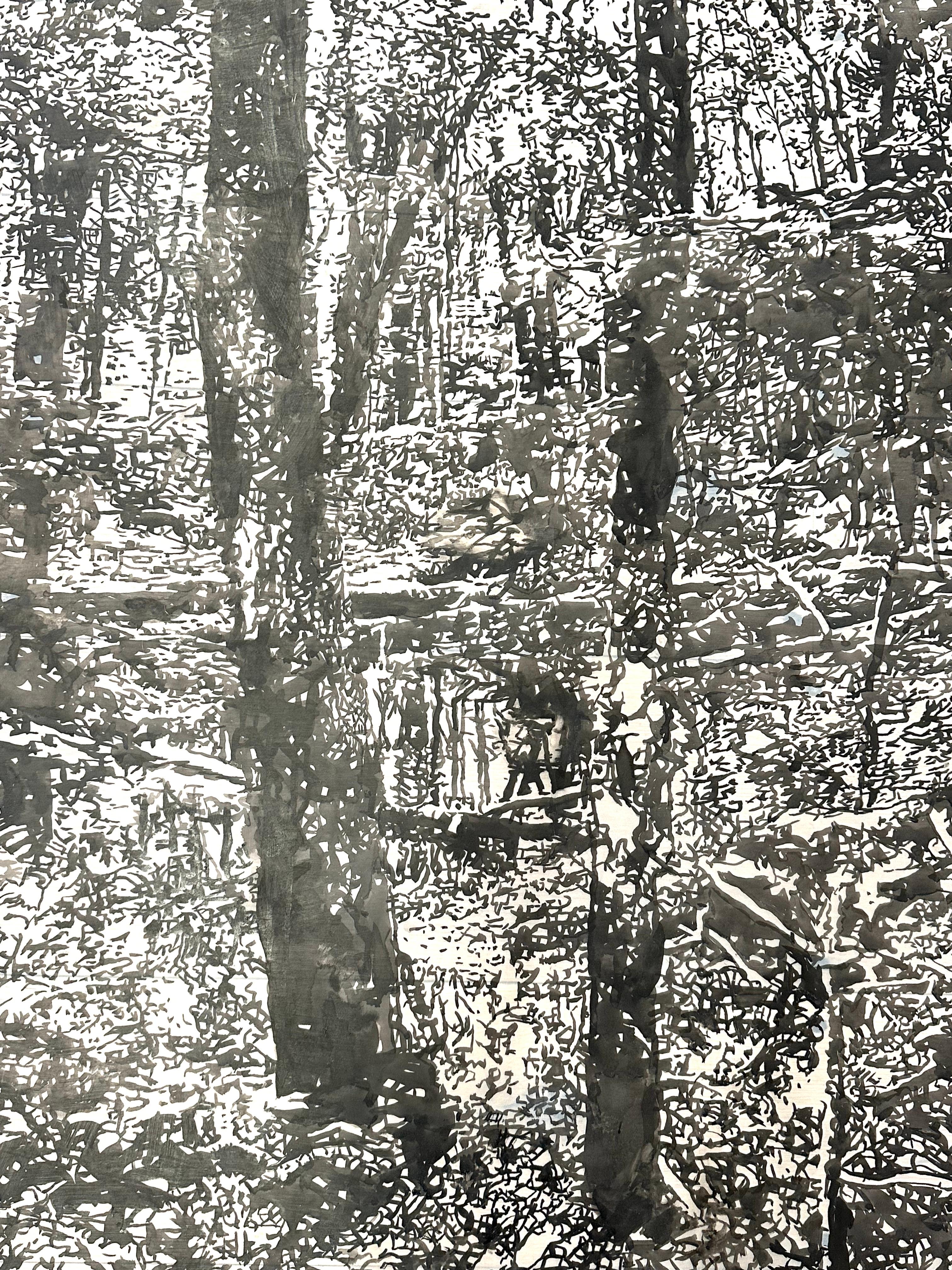 Due alberi - Paesaggio della foresta Black Forest Ink White Mylar, 2024 - Art di Andrea Kantrowitz