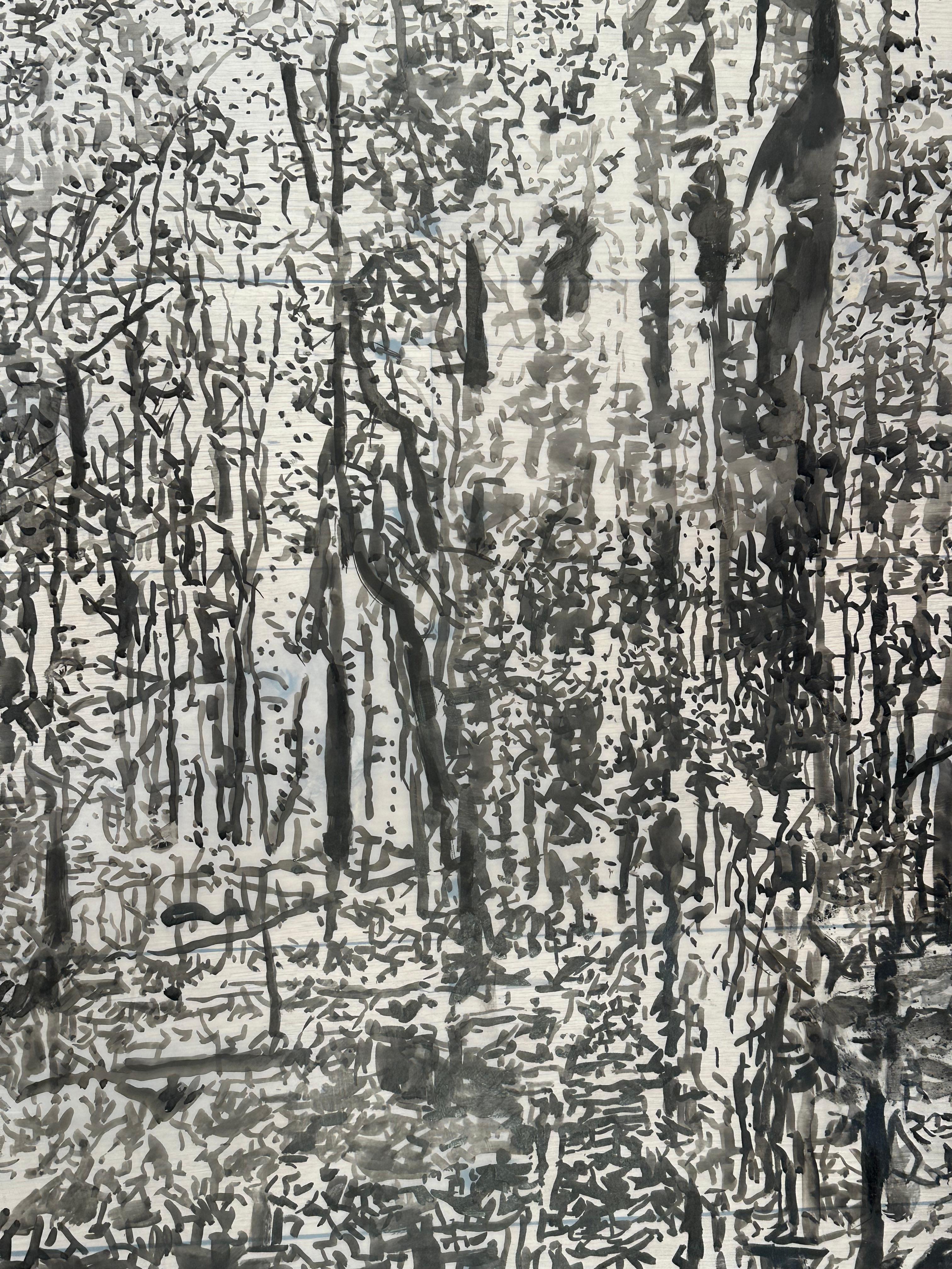 Encre sumi noire « Vernal Pool Two » - Paysage forestier, 2024 - Gris Landscape Art par Andrea Kantrowitz