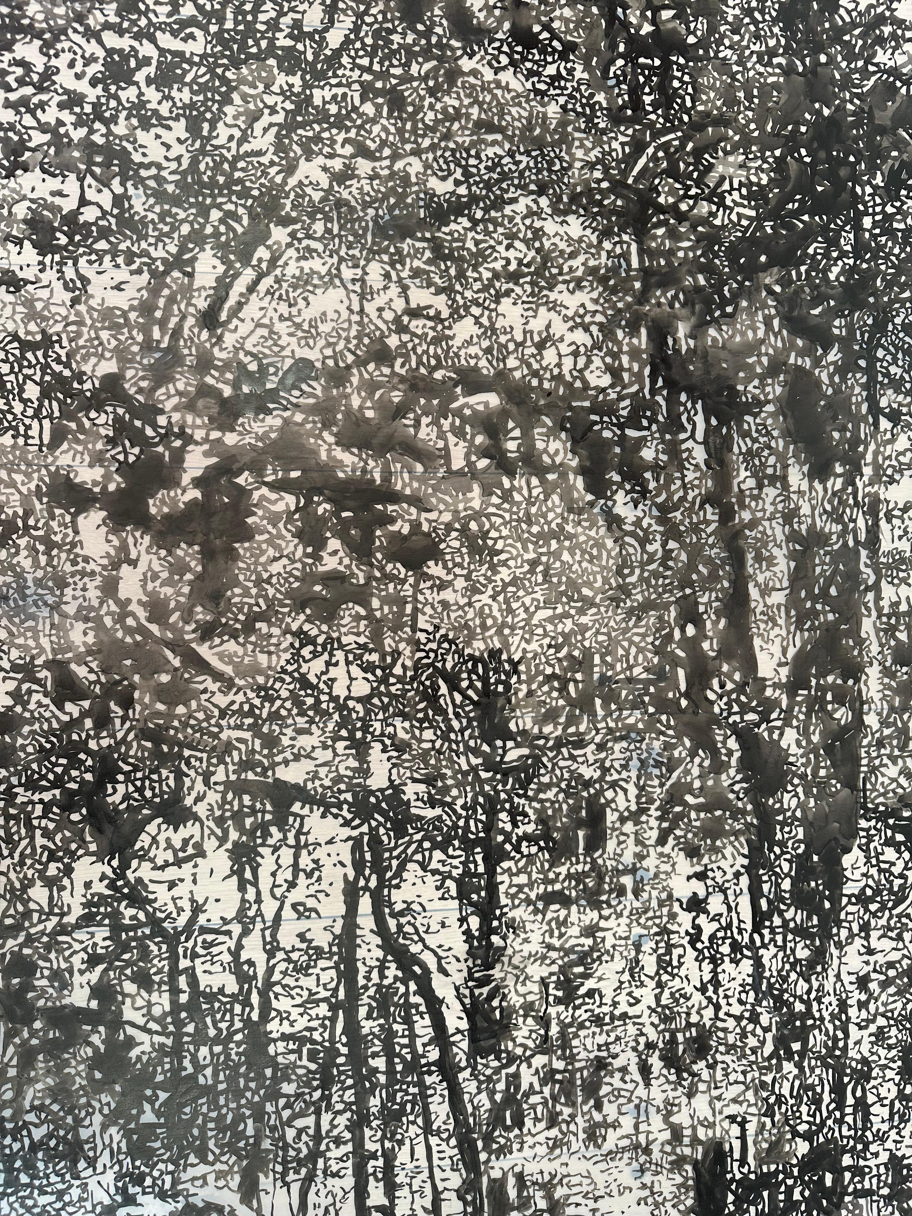 Encre sumi noire « Vernal Pool Three » - Paysage forestier, 2024 - Gris Landscape Art par Andrea Kantrowitz