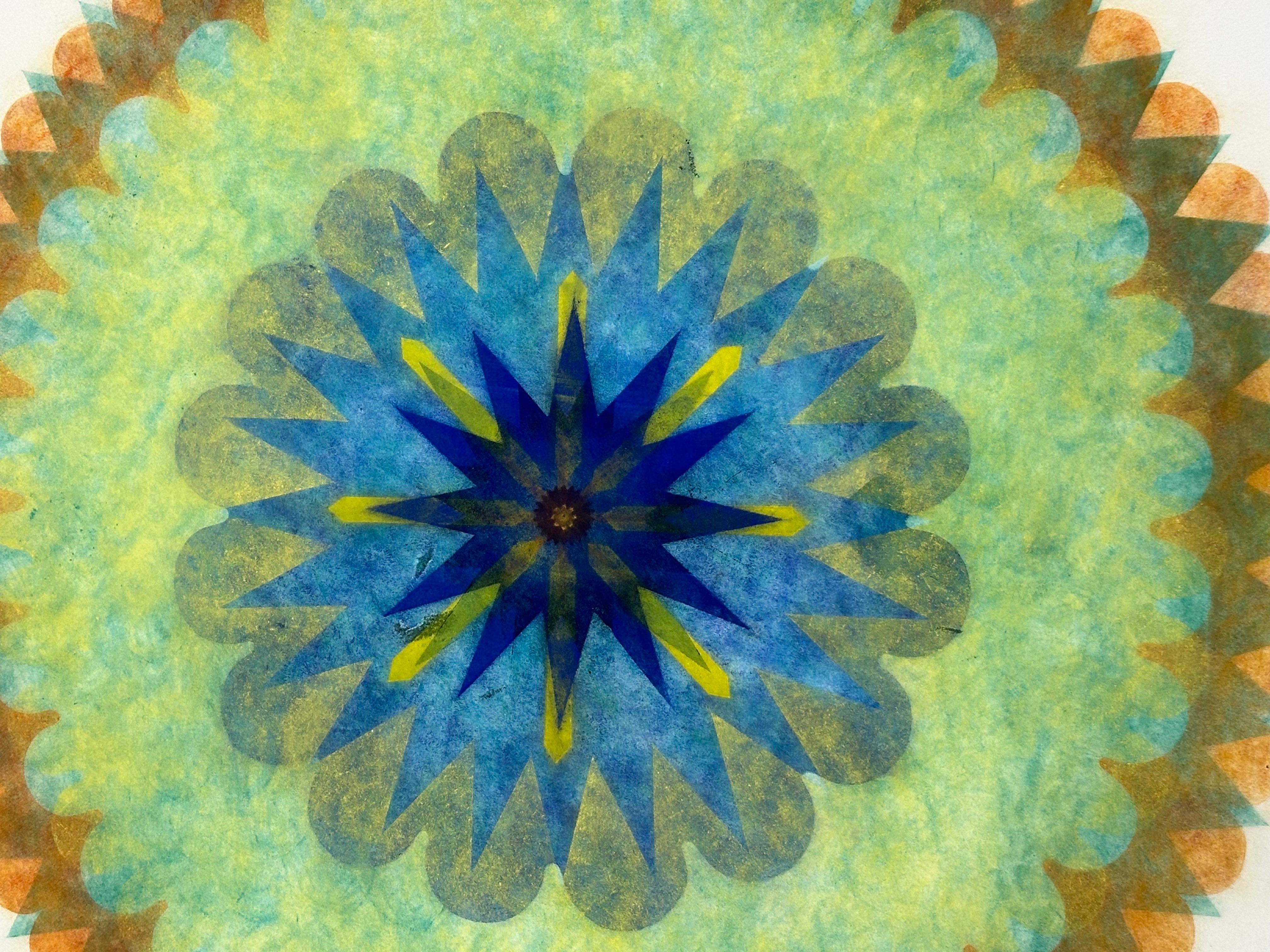 Pop Flower 49 - Fleur géométrique bleue verte Mandala botanique contemporain, 2024 - Art de Mary Judge