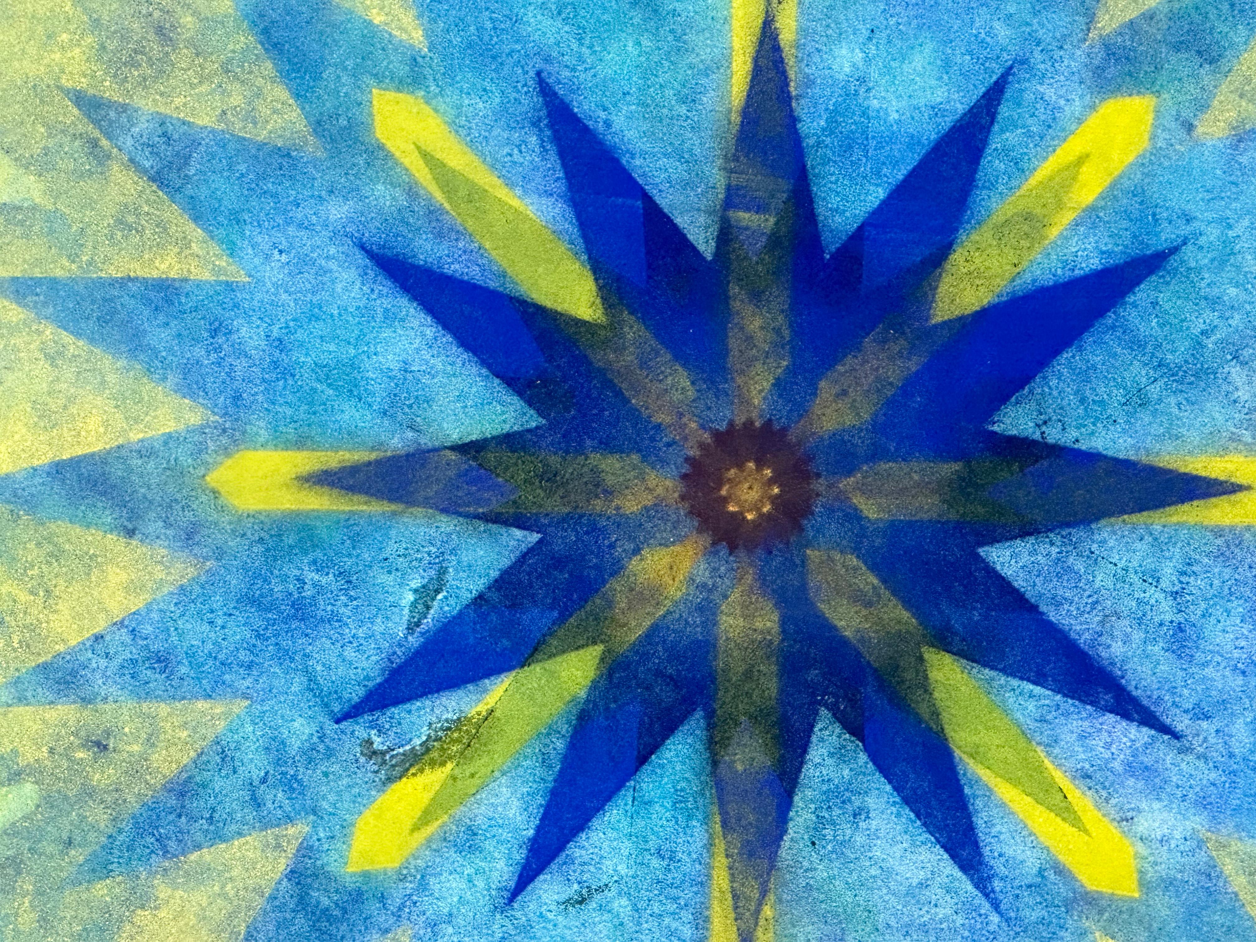 Pop Flower 49 - Fleur géométrique bleue verte Mandala botanique contemporain, 2024 en vente 2
