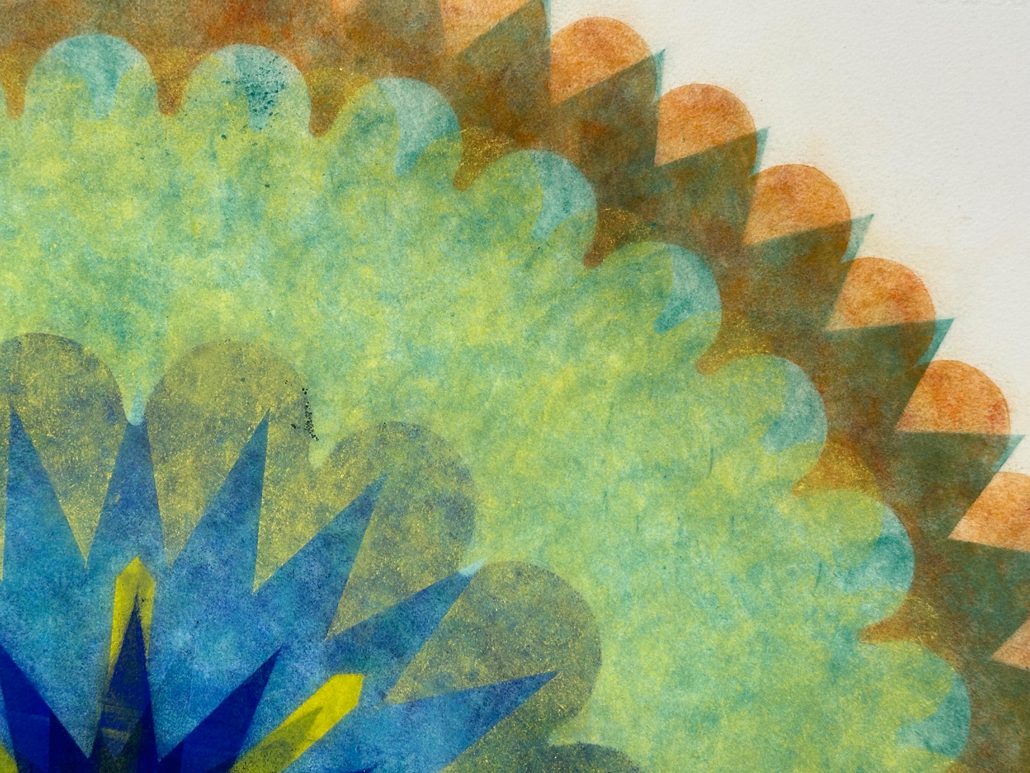 Ce dessin abstrait géométrique contemporain présente une belle texture douce et marbrée, créée avec la technique unique de Judge des pigments sous pression. Poptic 49 est une forme de mandala à dominante vert clair, avec un centre bleu cobalt