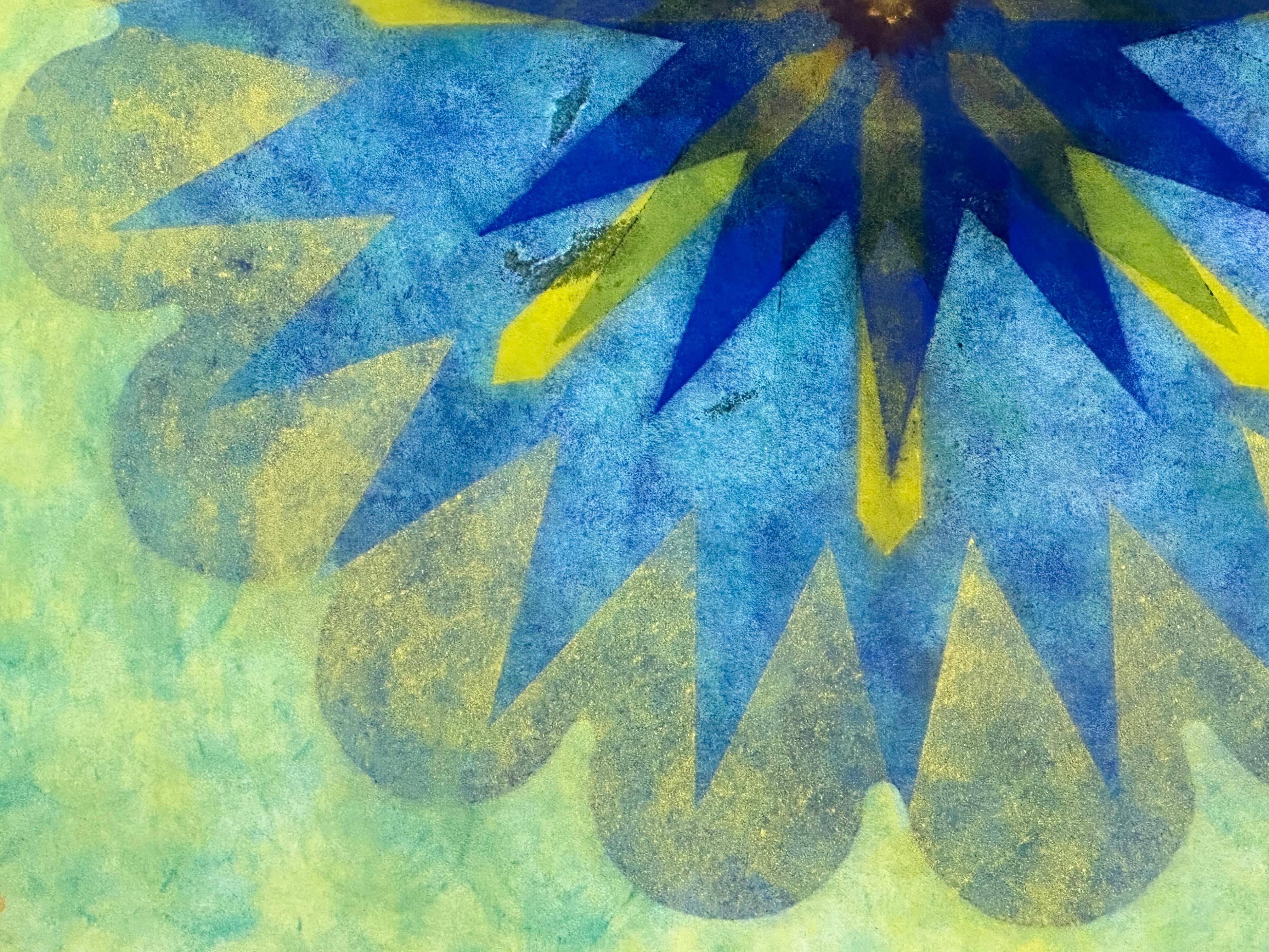 Pop Flower 49 - Fleur géométrique bleue verte Mandala botanique contemporain, 2024 en vente 1