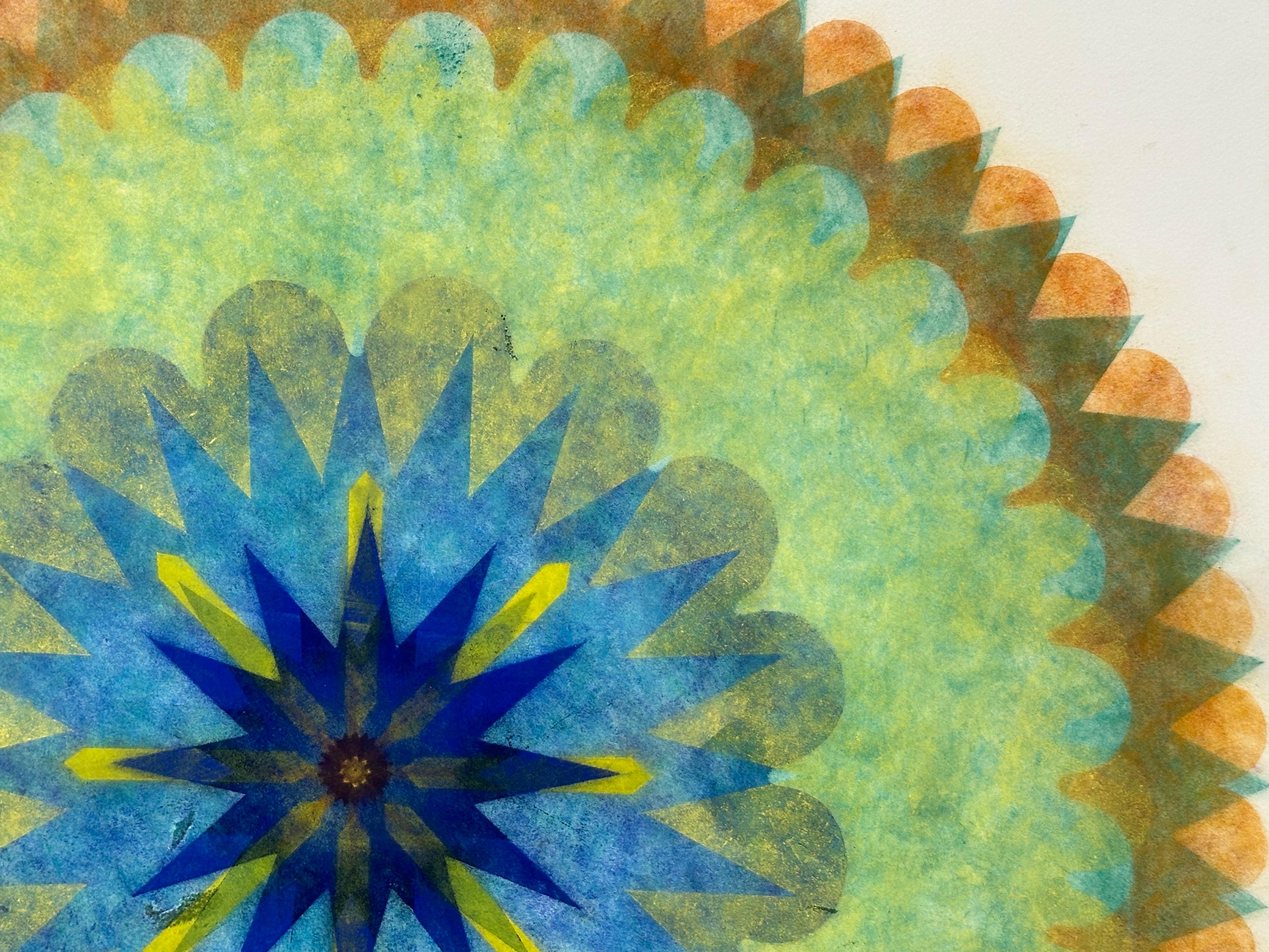 Pop Flower 49 - Fleur géométrique bleue verte Mandala botanique contemporain, 2024 - Contemporain Art par Mary Judge