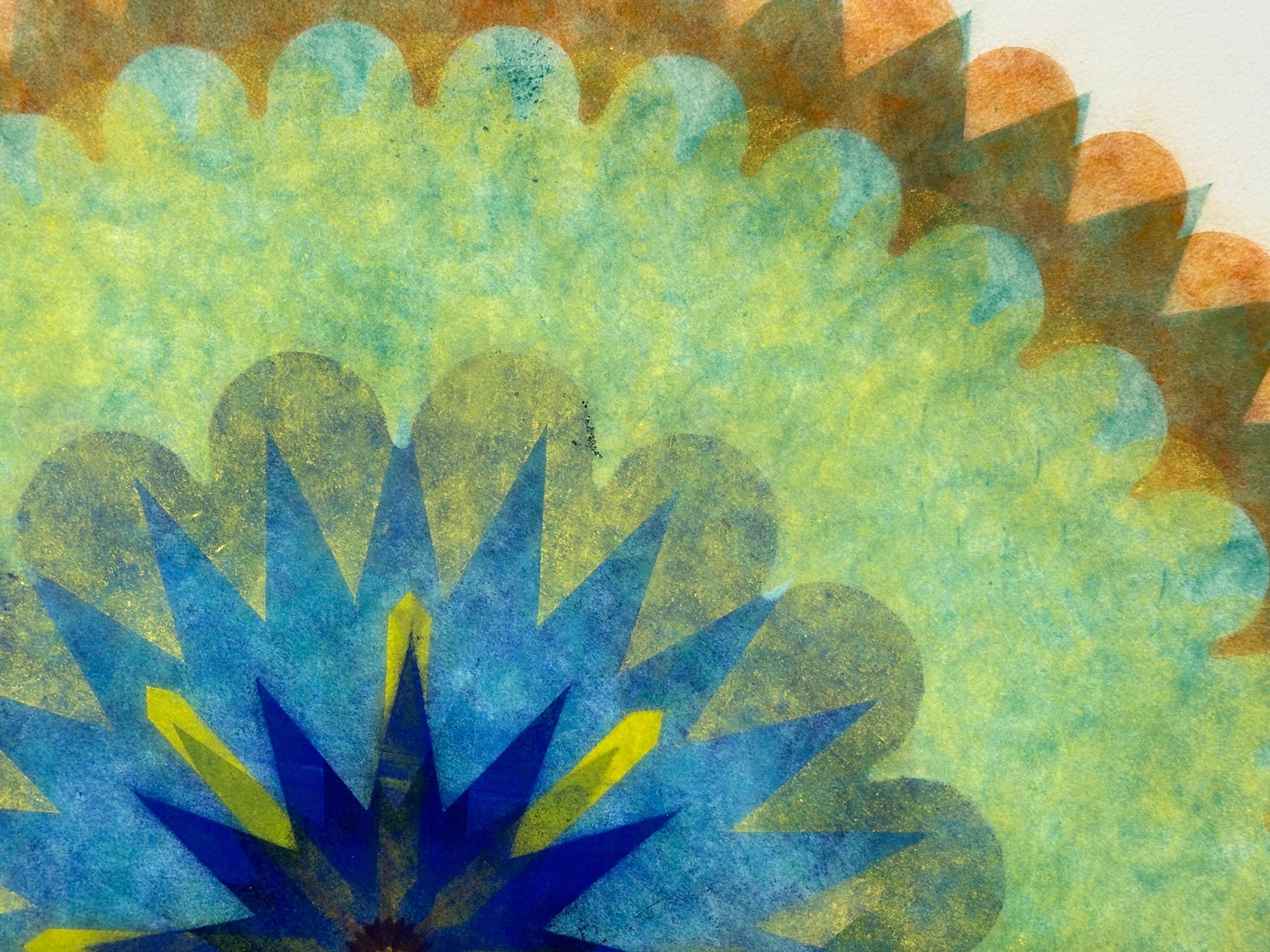 Pop Flower 49 - Fleur géométrique bleue verte Mandala botanique contemporain, 2024 - Gris Abstract Drawing par Mary Judge