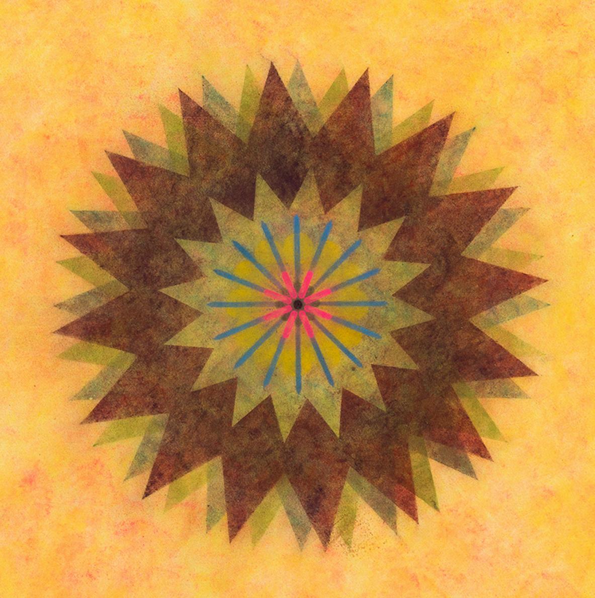 This contemporary geometric abstract drawing has a beautiful, soft mottled texture created with Judge's unique powered pigment technique. Pop Flower 48 is a predominately golden yellow orange botanical mandala shape with a green, brown and pink