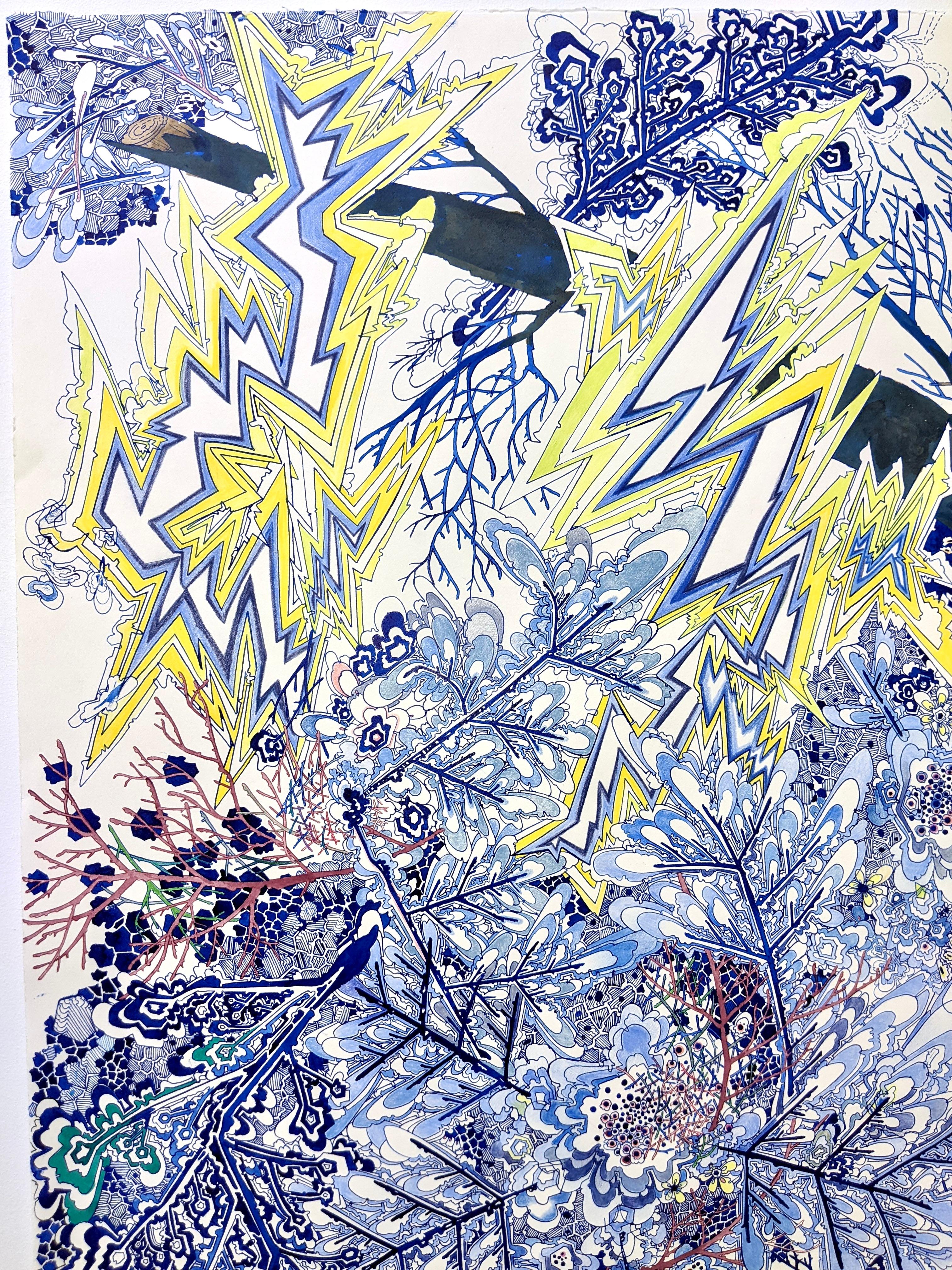Thunderbolts - Disegno contemporaneo di fulmini e fiocchi di neve, 2022 - Abstract Drawing Grigio di Sarah Morejohn