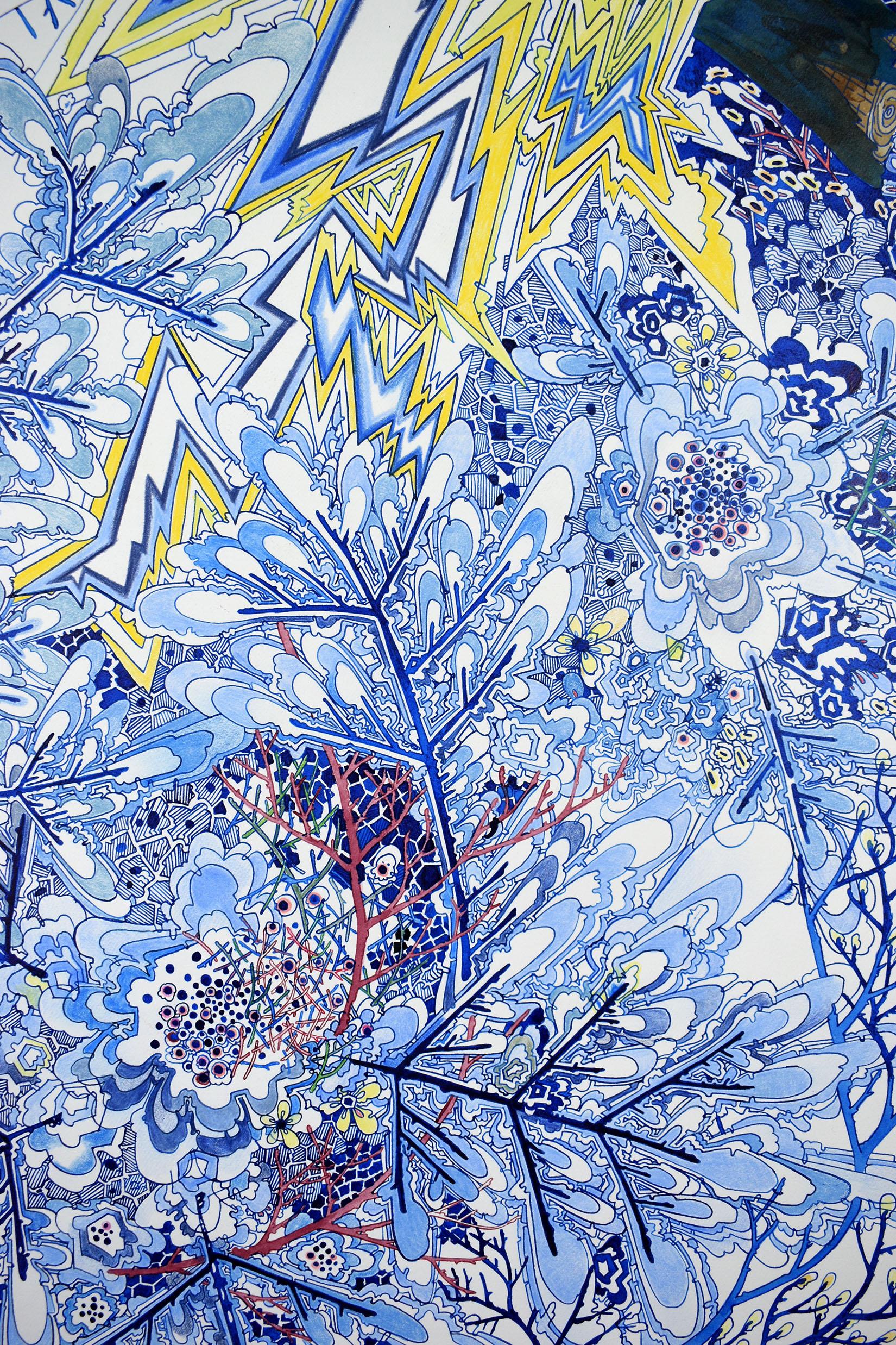 In questo disegno contemporaneo a inchiostro, matita colorata e grafite su carta Fabriano Artistico d'archivio, sono stati tracciati con cura punti e linee in morbide tonalità di blu indaco con dettagli in giallo, verde acqua e rosso bordeaux scuro;