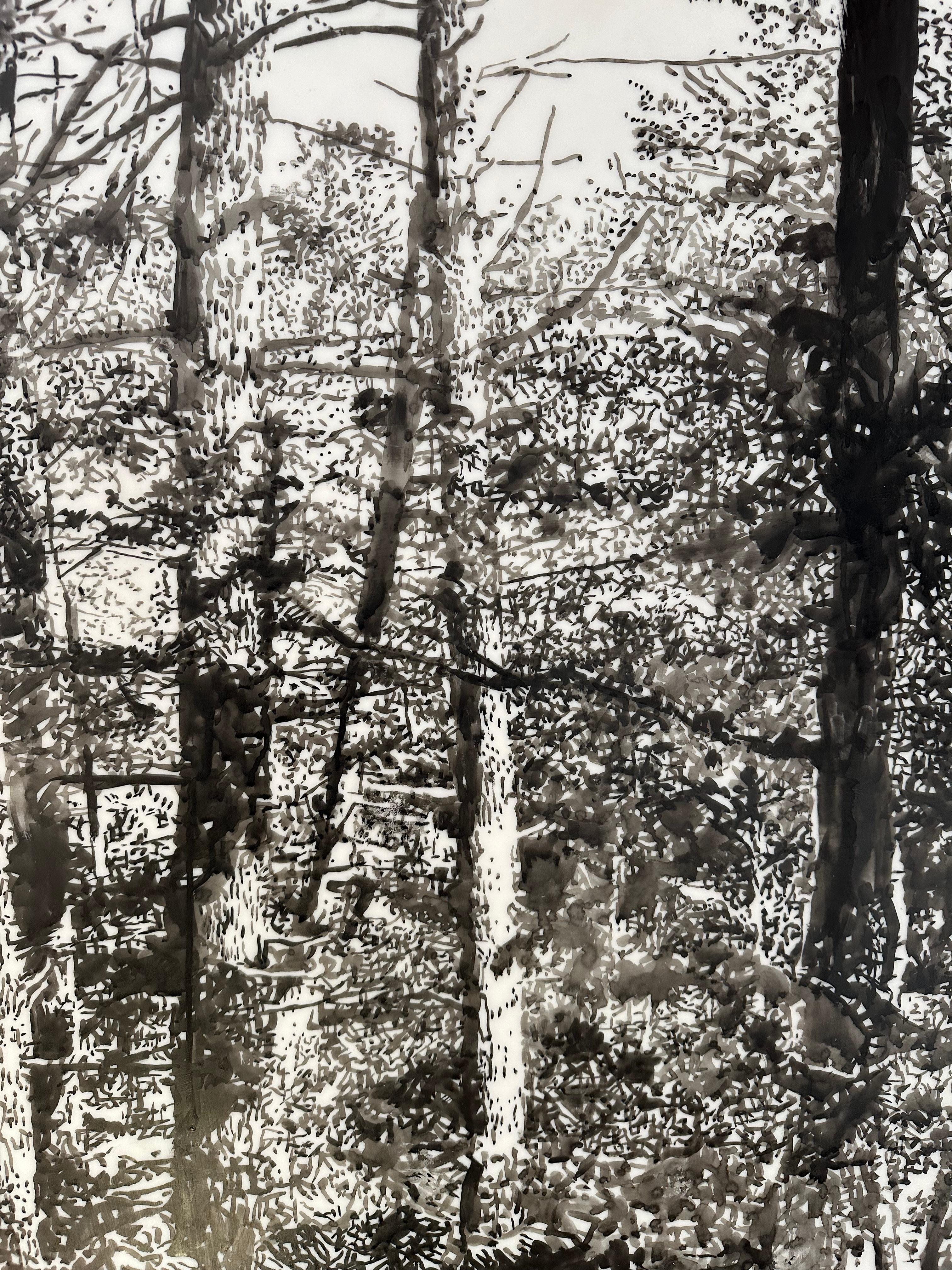 Große Bäume – Wald-Holzlandschaft mit schwarzer Sumi-Tinte und weißem Mylar, 2024 1