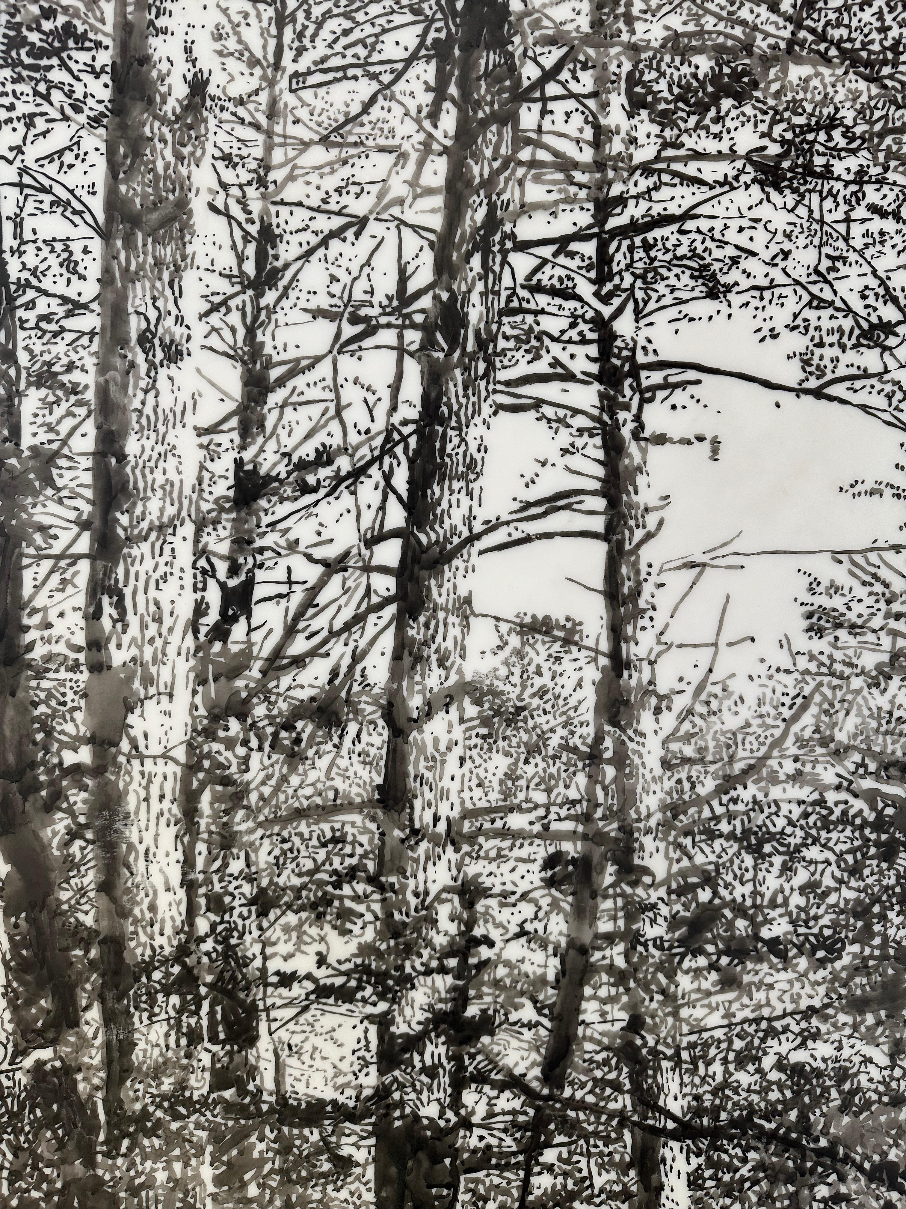 Große Bäume – Wald-Holzlandschaft mit schwarzer Sumi-Tinte und weißem Mylar, 2024 2