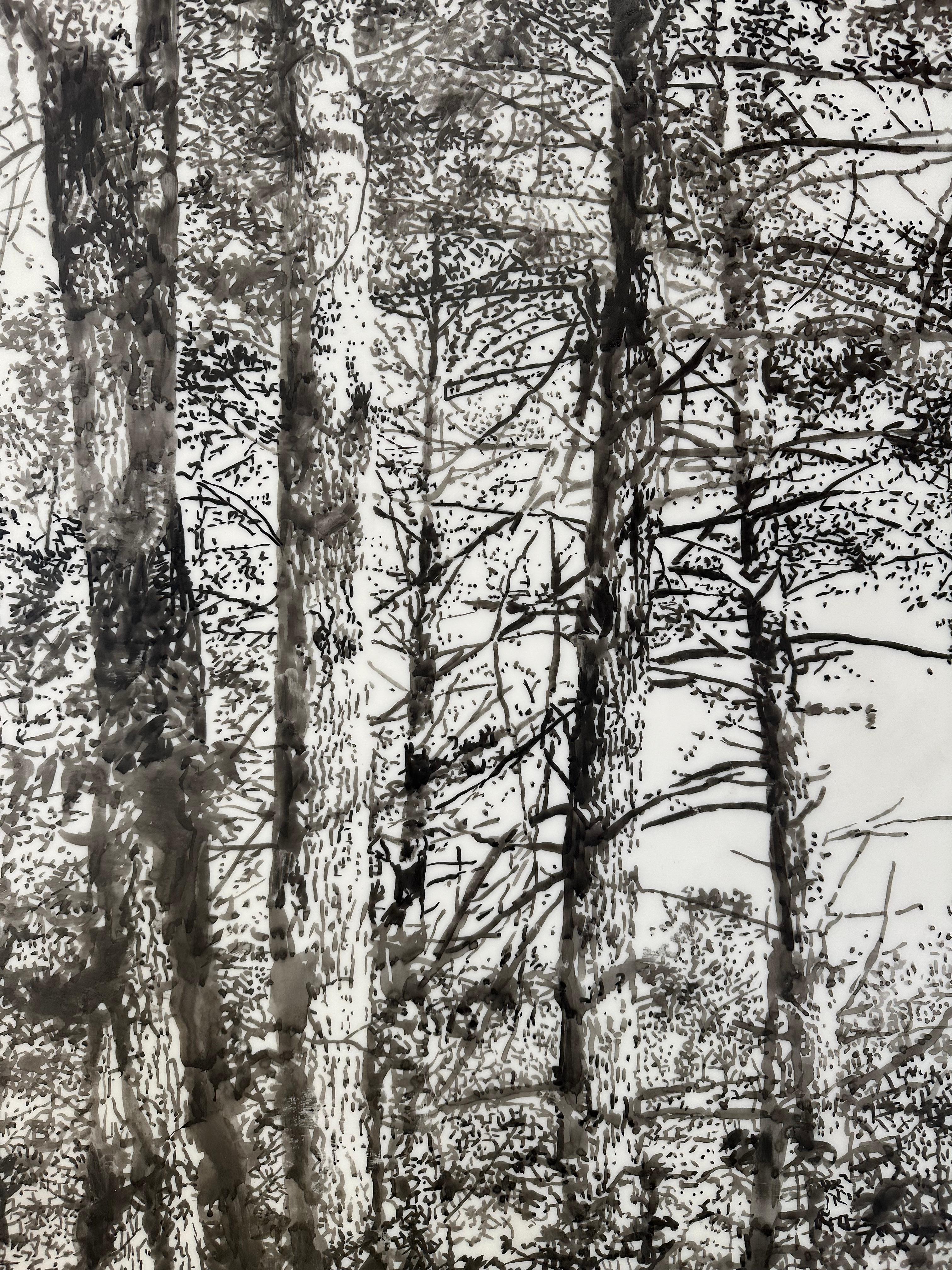 Große Bäume – Wald-Holzlandschaft mit schwarzer Sumi-Tinte und weißem Mylar, 2024 3