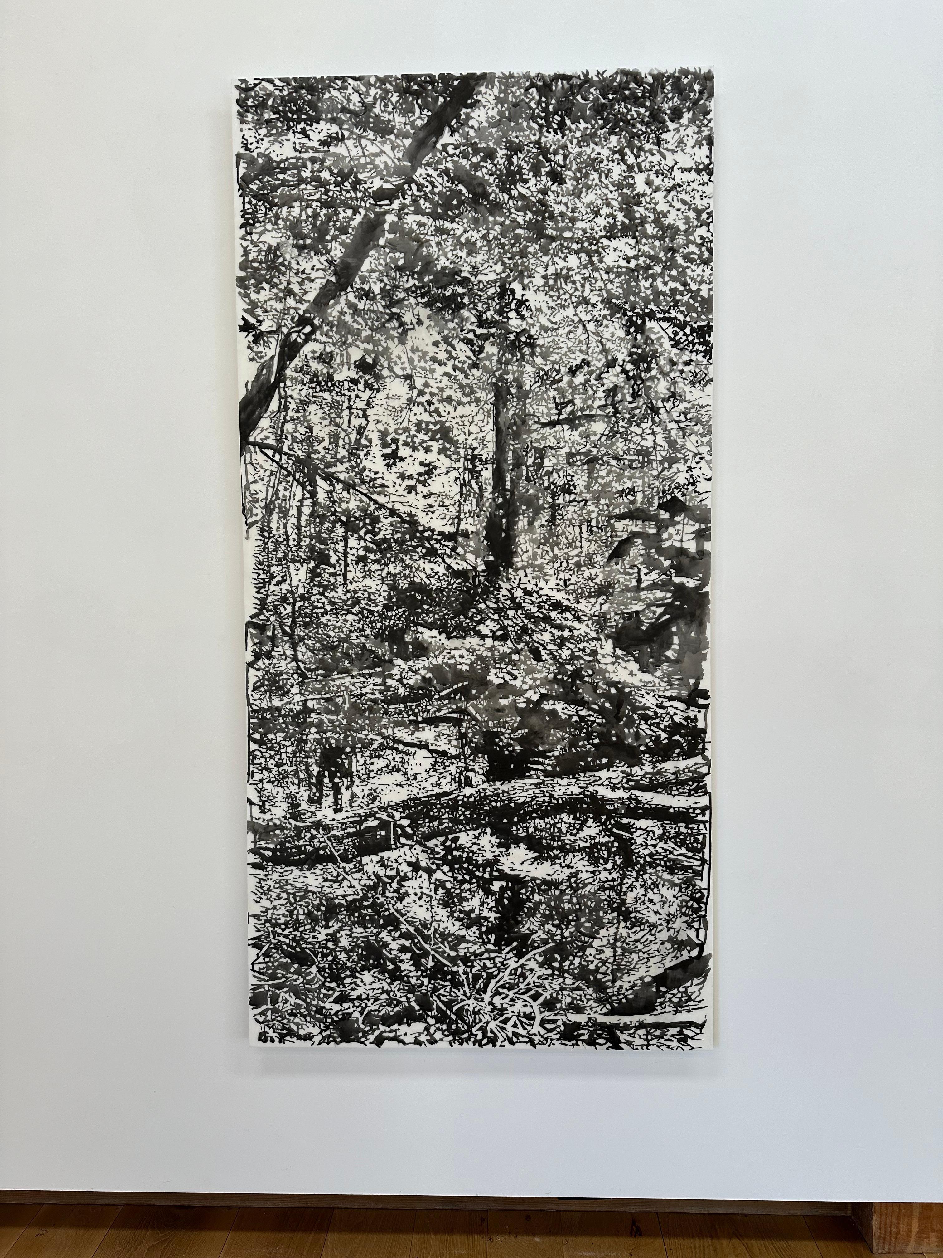 Vernal Pool - Forest Landscape Trees Black Sumi Ink White Mylar, 2024 - Contemporary Art by Andrea Kantrowitz