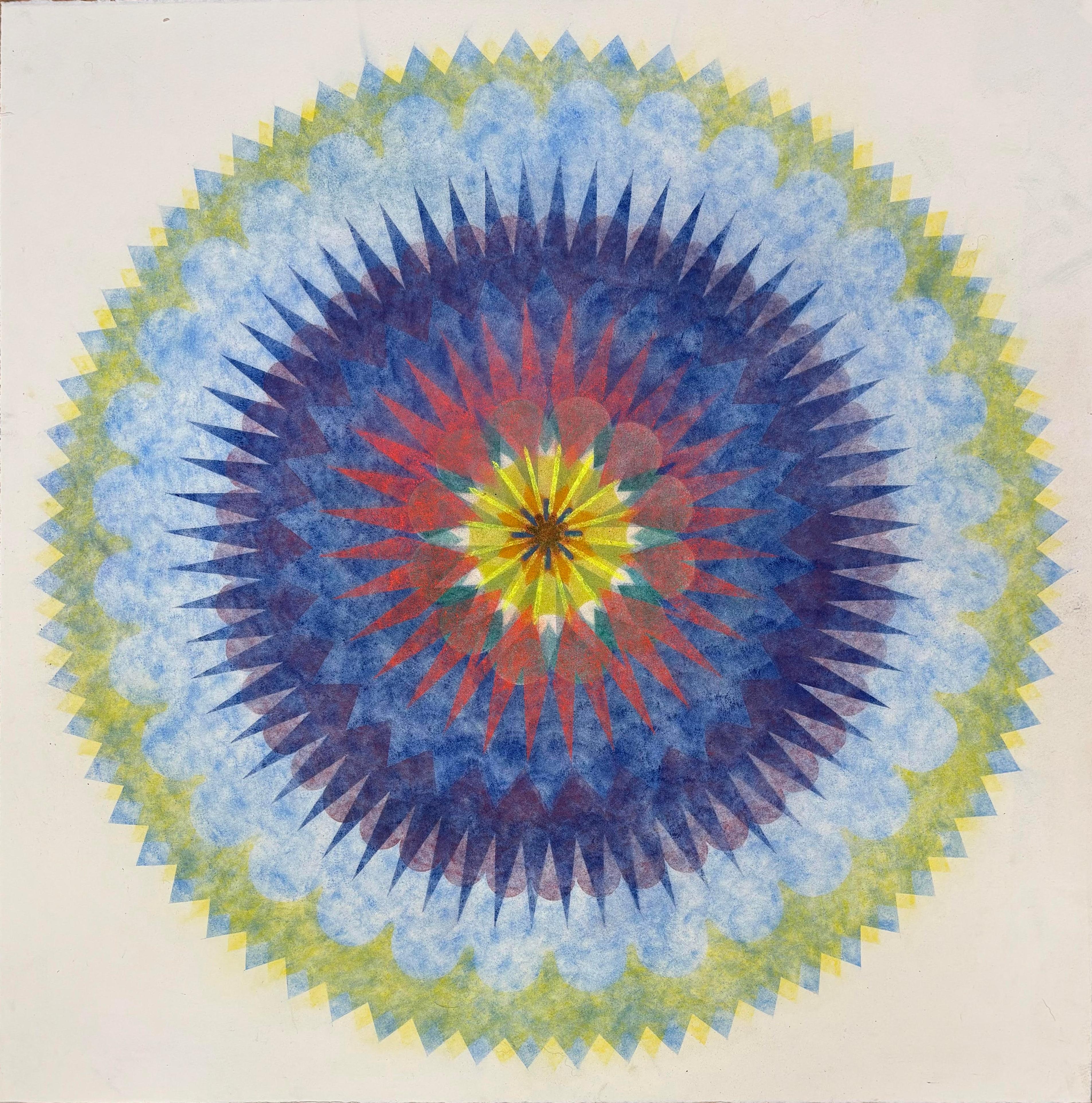 Mary Judge Abstract Drawing – Pop Flower Eight - Grün Blau Rot Geometrische Blume Contemporary Mandala, 2020