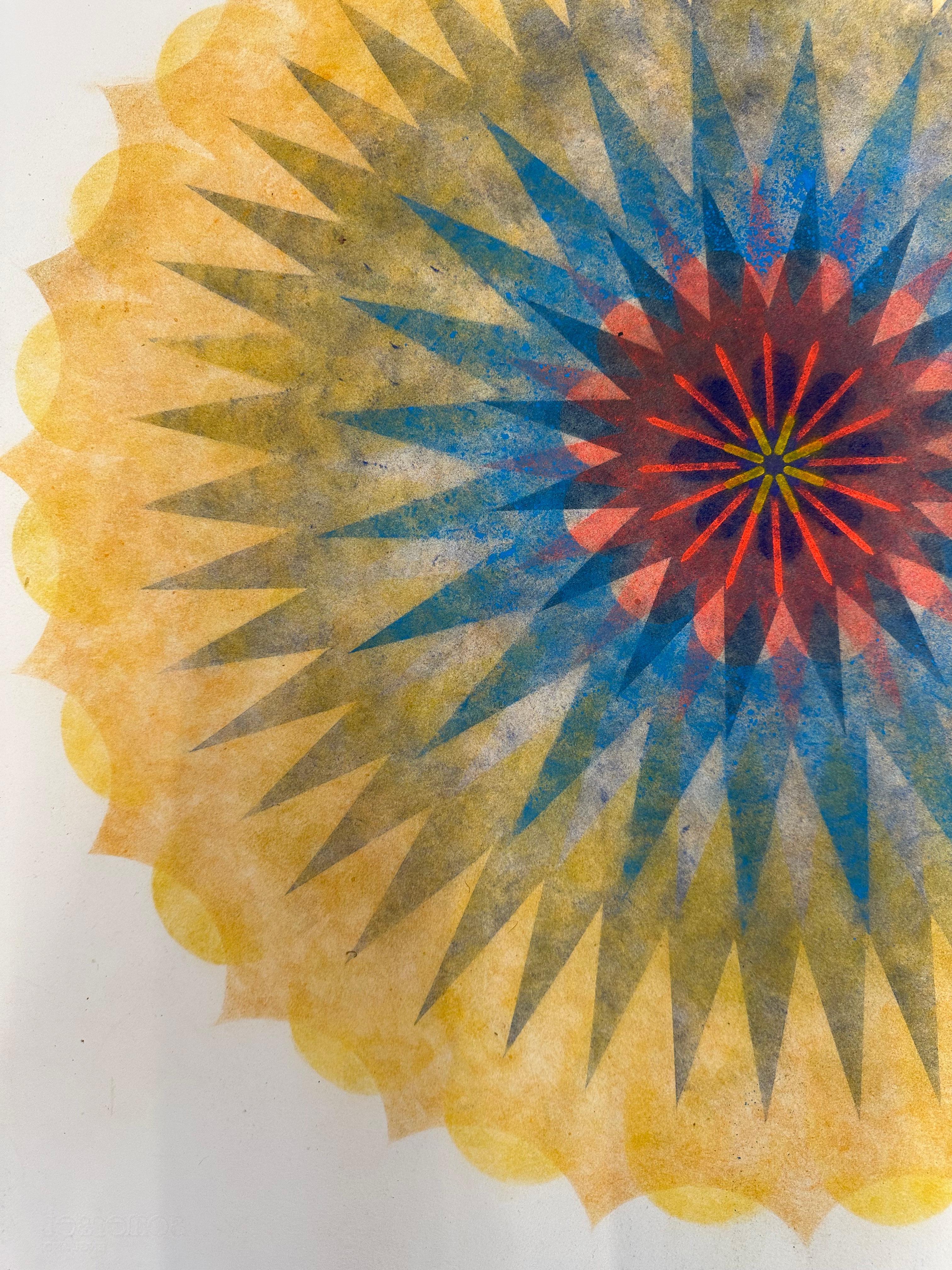 Pop Flower 44B - Mandala géométrique fleur contemporaine or orange marine, 2021 - Art de Mary Judge