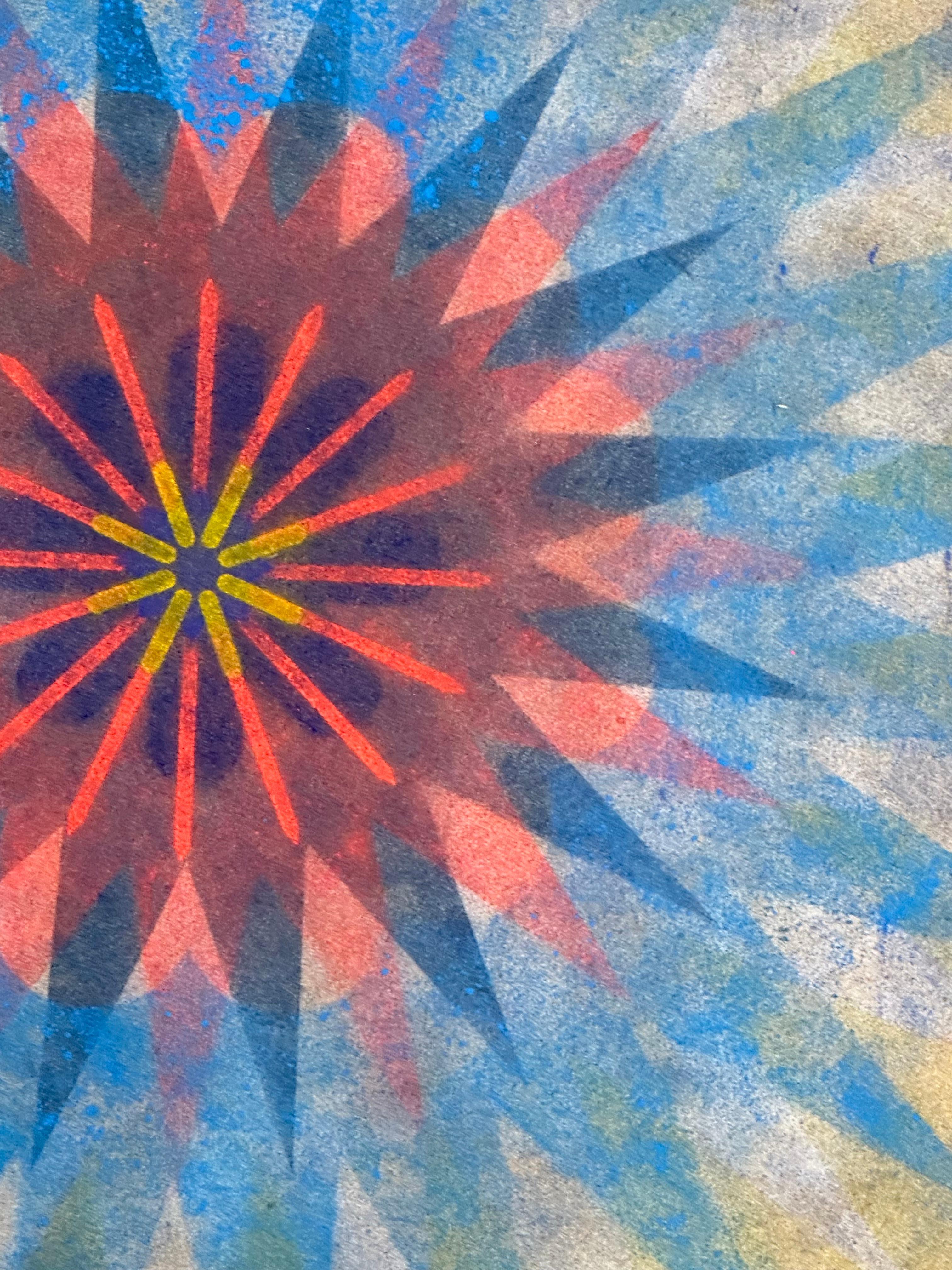 Ce dessin abstrait géométrique contemporain présente une belle texture douce et marbrée, créée avec la technique unique de Judge des pigments sous pression. Pop Flower 44B est un mandala de couleur orange clair et doré avec un centre bleu et rouge,
