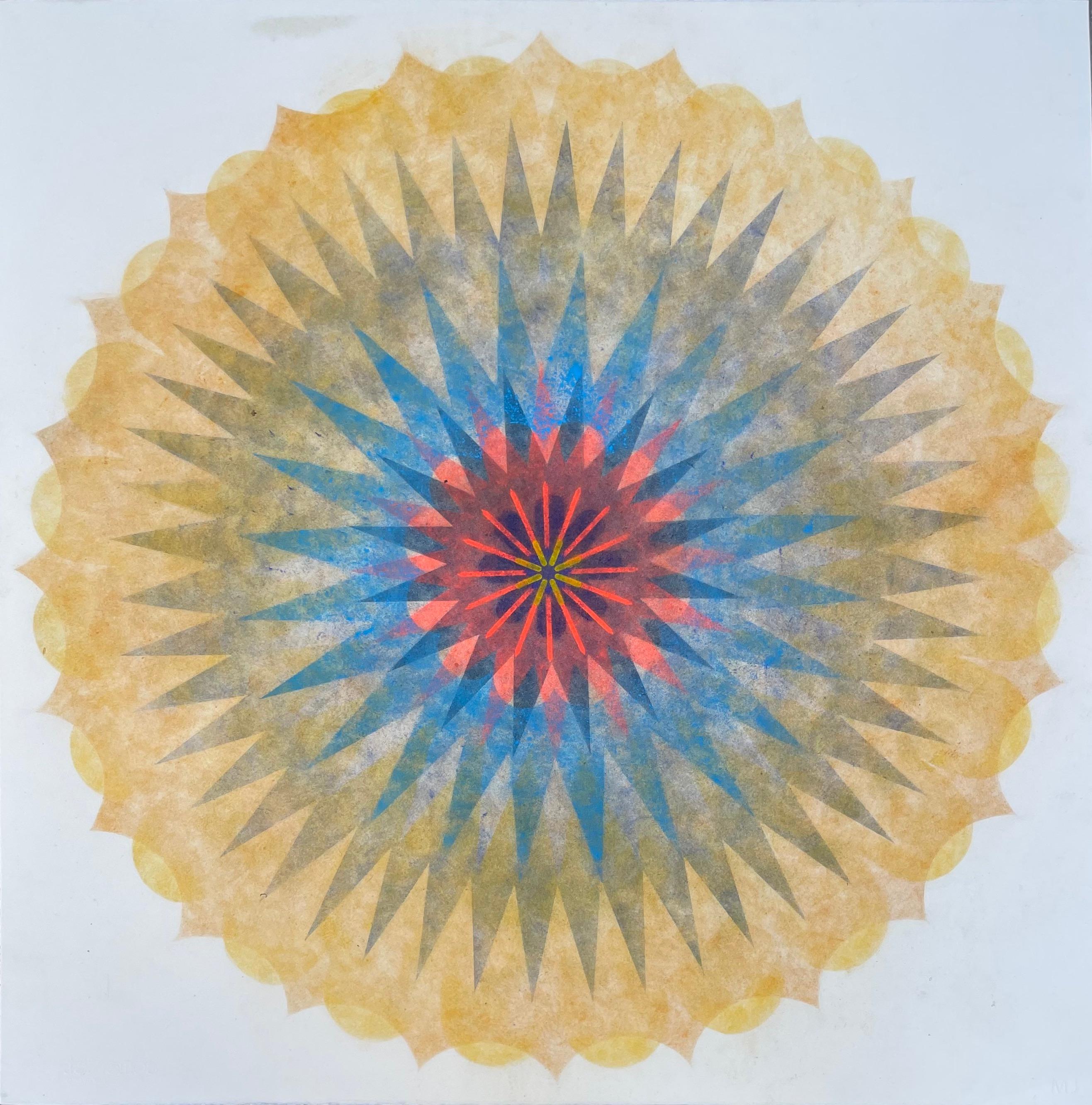 Abstract Drawing Mary Judge - Pop Flower 44B - Mandala géométrique fleur contemporaine or orange marine, 2021