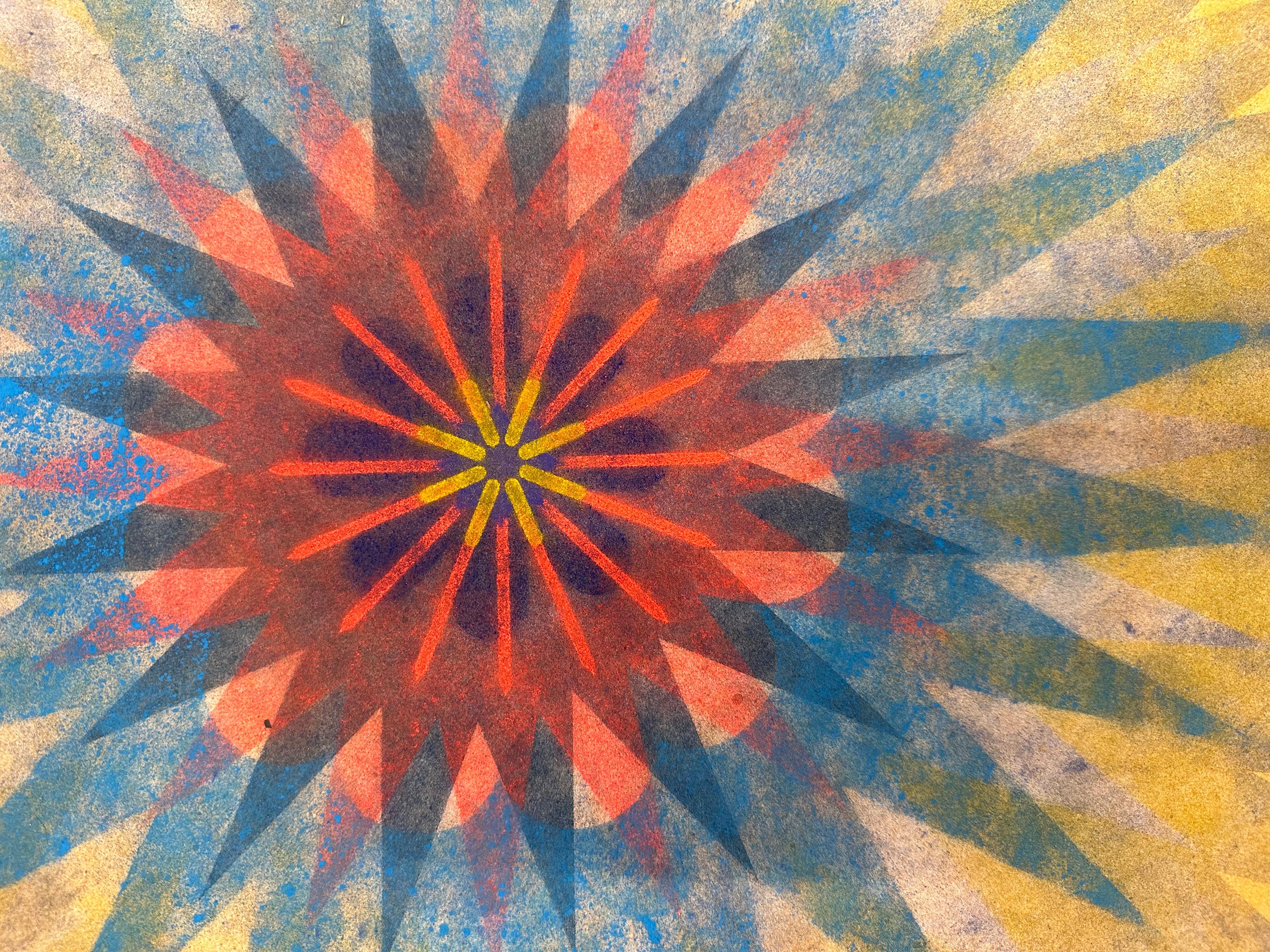 Pop Flower 44B - Mandala géométrique fleur contemporaine or orange marine, 2021 en vente 1