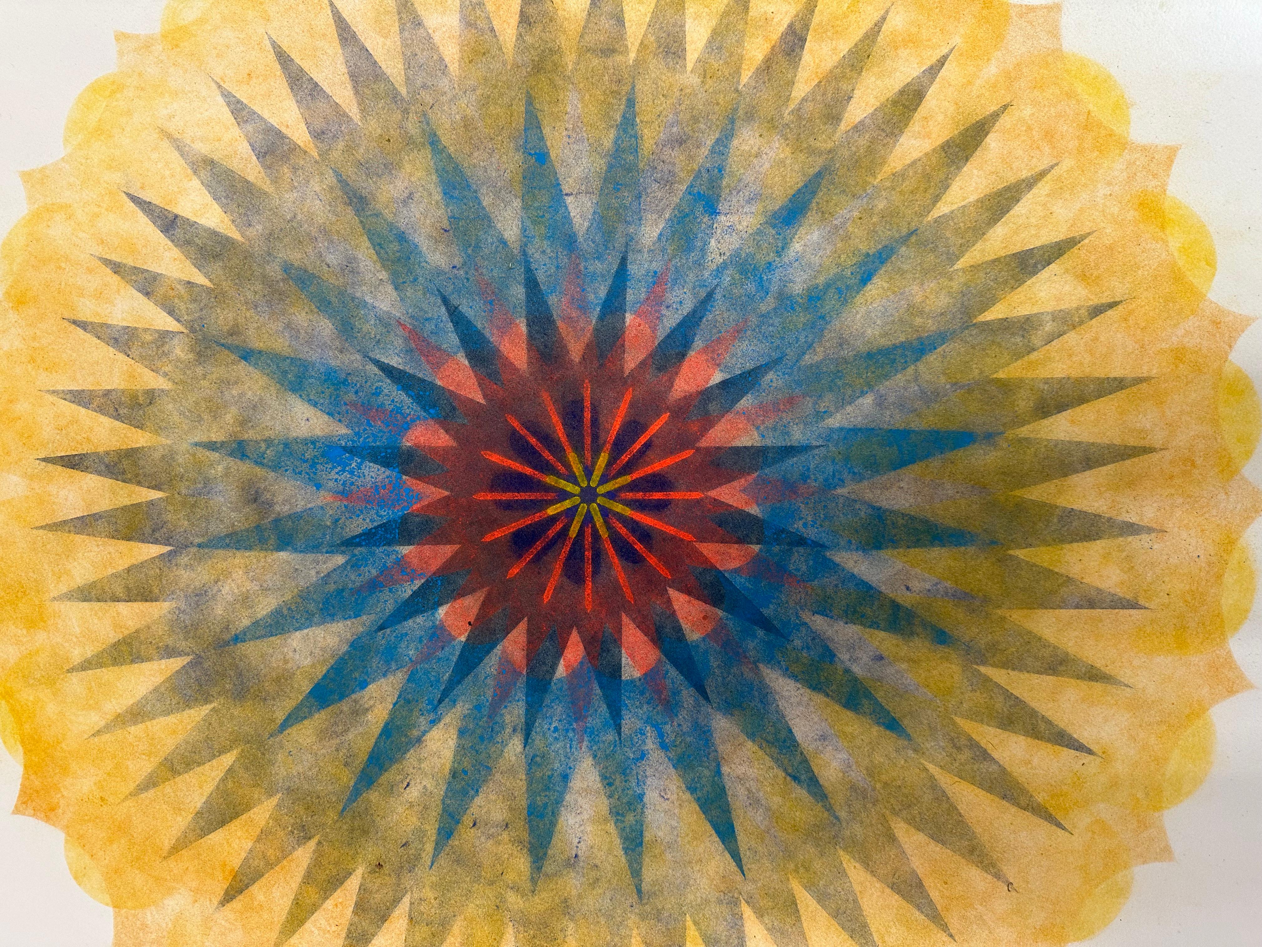 Pop Flower 44B - Mandala géométrique fleur contemporaine or orange marine, 2021 - Beige Abstract Drawing par Mary Judge