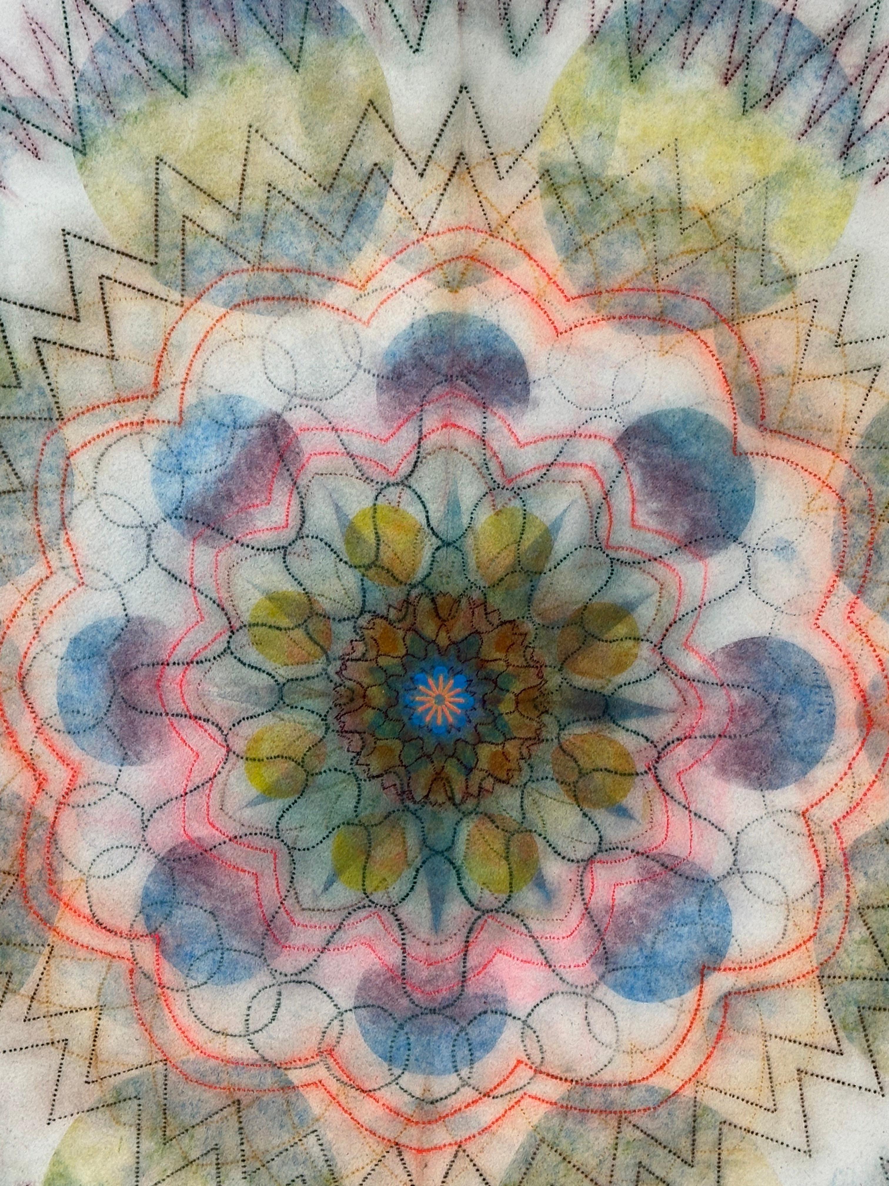 Girandola Watermill W11 - Mandala geometrico blu verde contemporaneo, 2023 - Abstract Drawing Grigio di Mary Judge