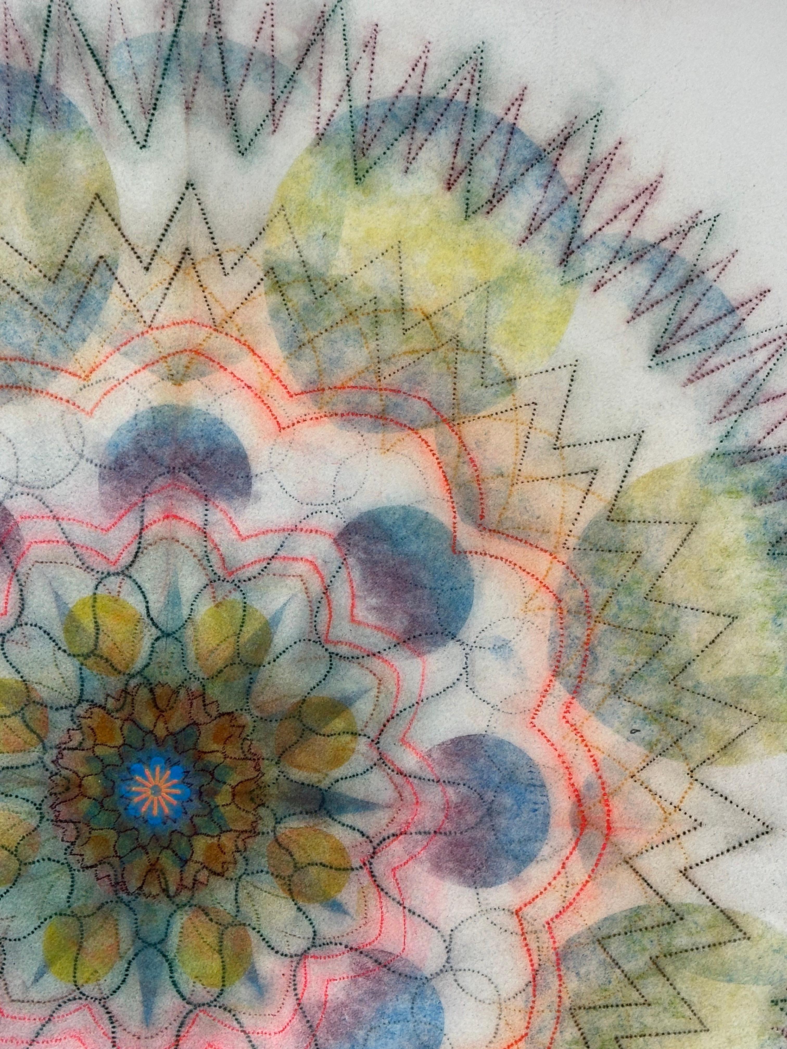 Questo disegno astratto geometrico contemporaneo presenta una bellissima e morbida texture screziata creata con l'esclusiva tecnica a pigmenti alimentati di Judge. Watermill Pinwheel W11 è una forma geometrica a mandala con blu, giallo, arancione