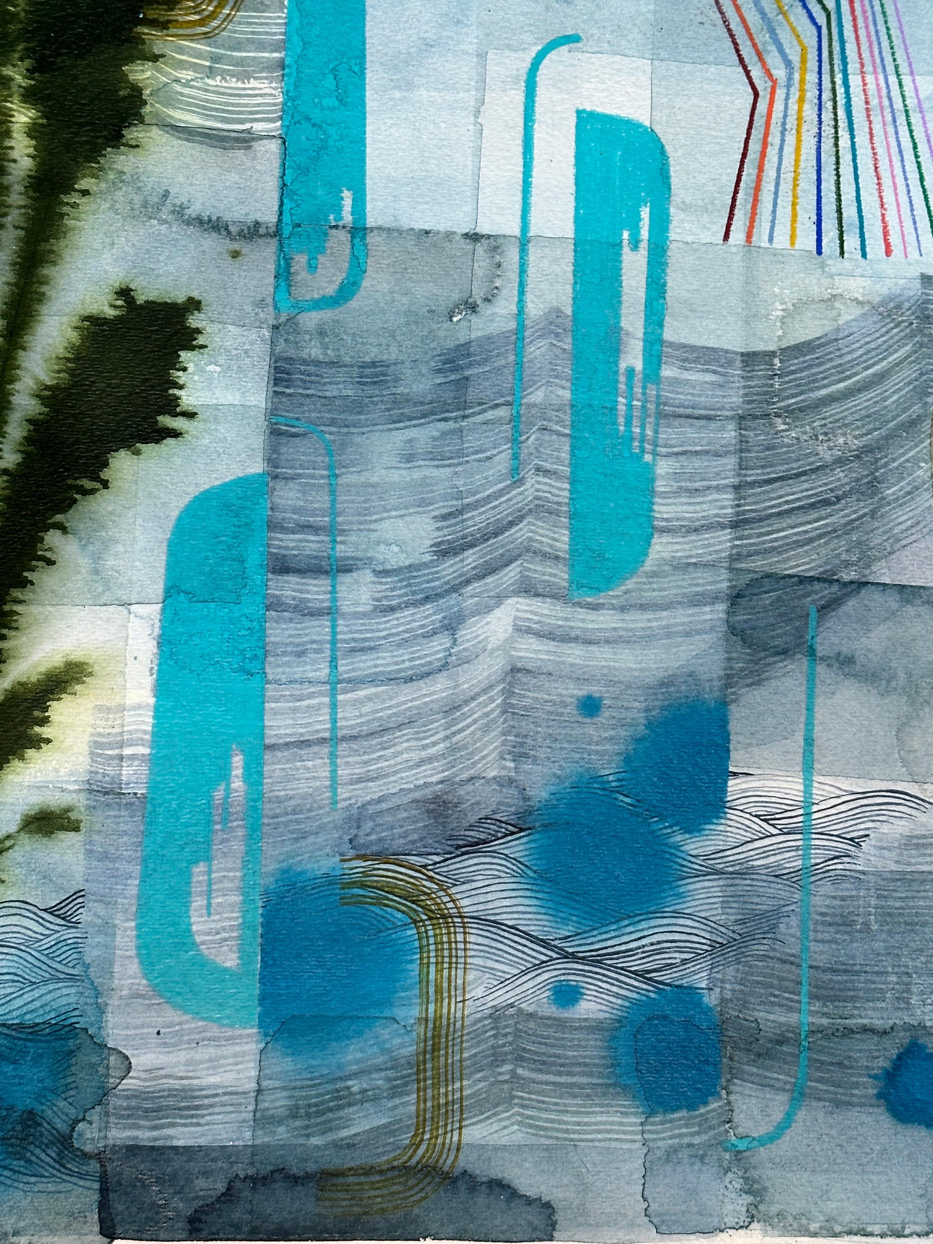 Des motifs soigneusement ordonnés, des formes géométriques en indigo, bleu vif et vert chasseur foncé et des lignes délicates en couleurs prismatiques vives complètent un fond bleu grisâtre sarcelle. Signé au verso.

Explorant un monde au-delà de la