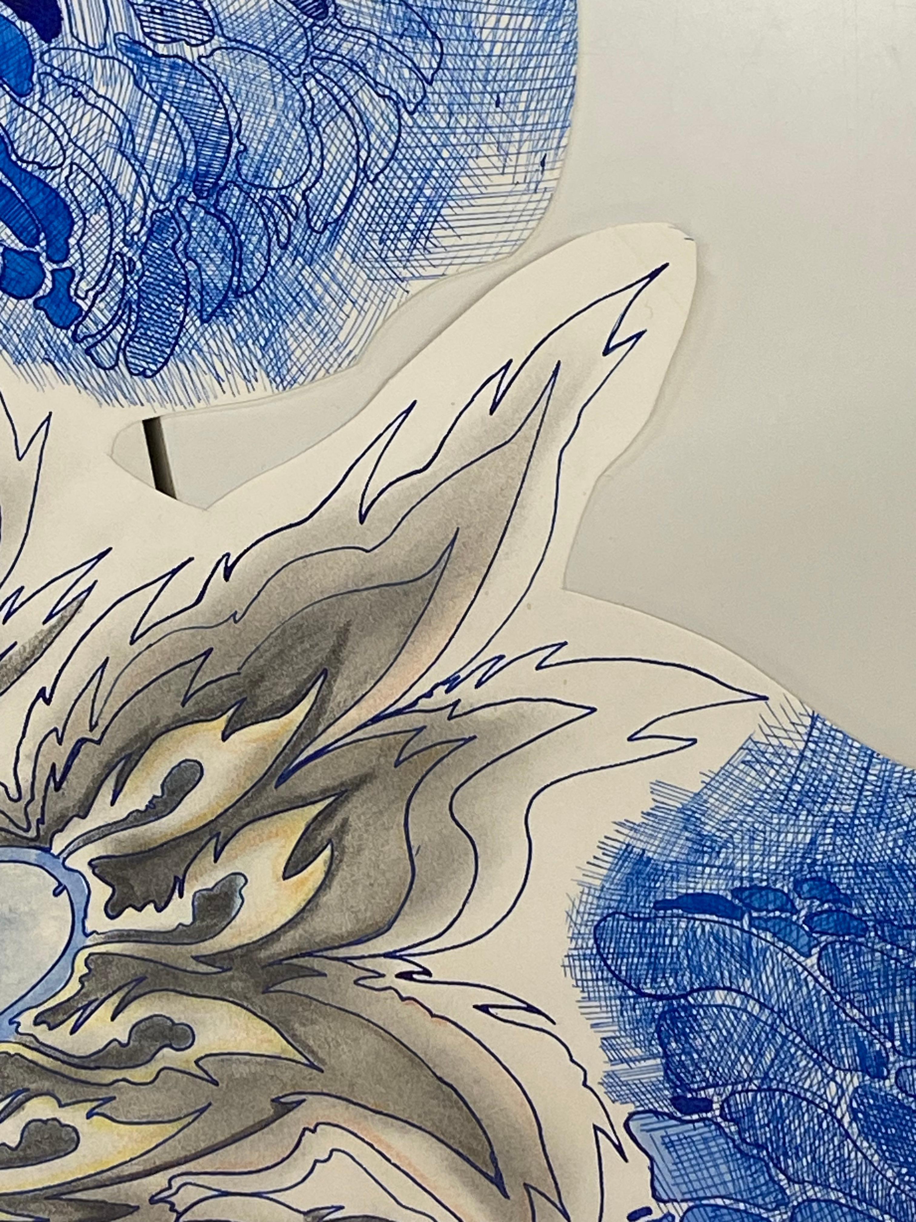 Dirty Fall - Blue Pink Botanical Flowers Pattern Drawing Shaped Paper, 2020 For Sale 8