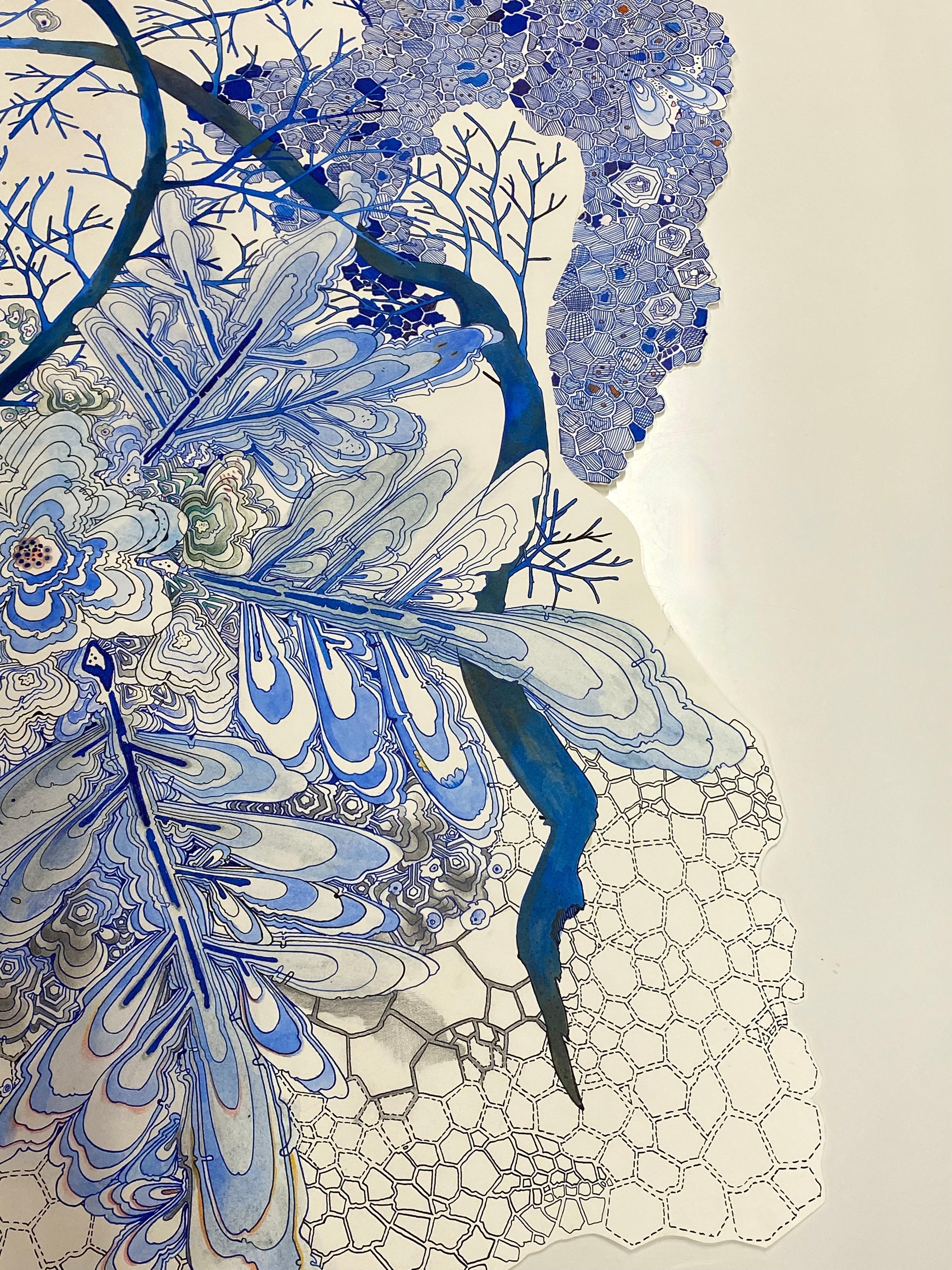 Dirty Fall - Blue Pink Botanical Flowers Pattern Drawing Shaped Paper, 2020 - Art by Sarah Morejohn