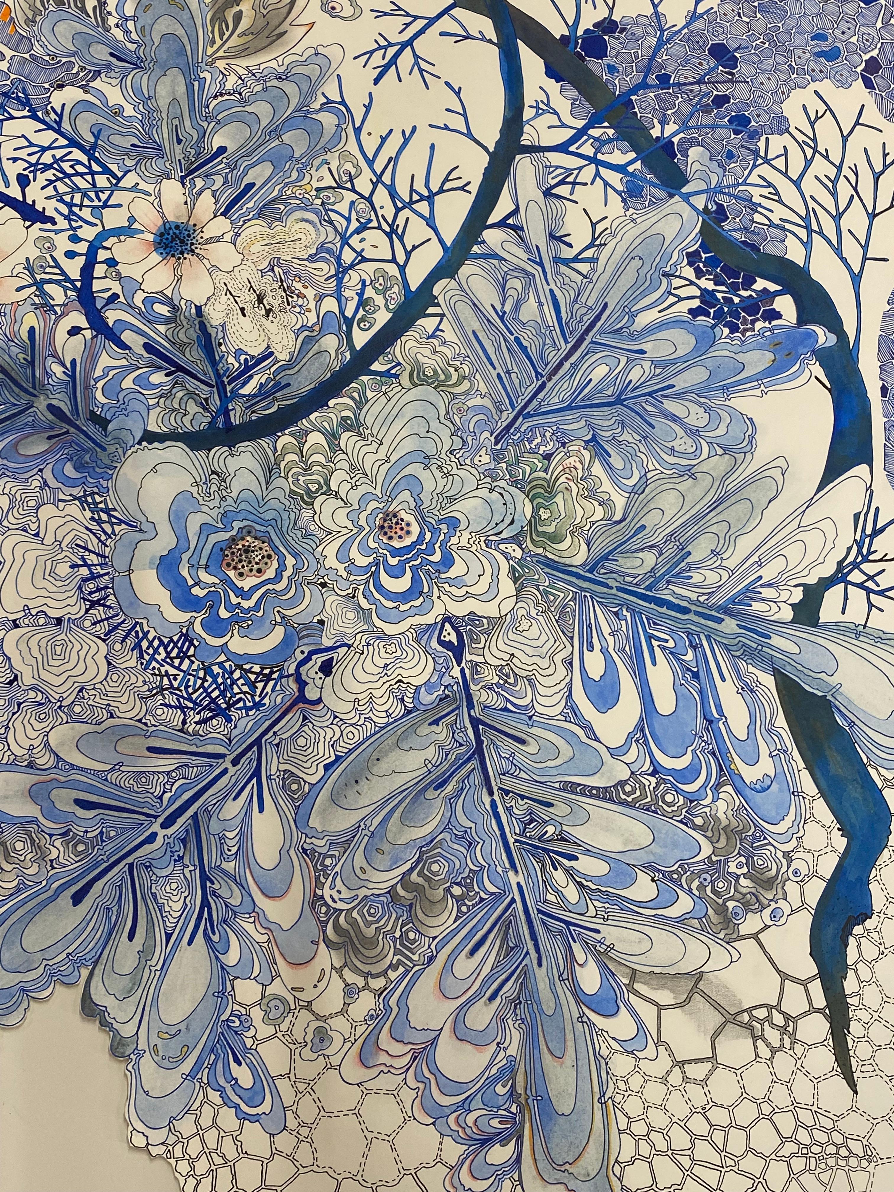 Dirty Fall - Blue Pink Botanical Flowers Pattern Drawing Shaped Paper, 2020 - Contemporary Art by Sarah Morejohn