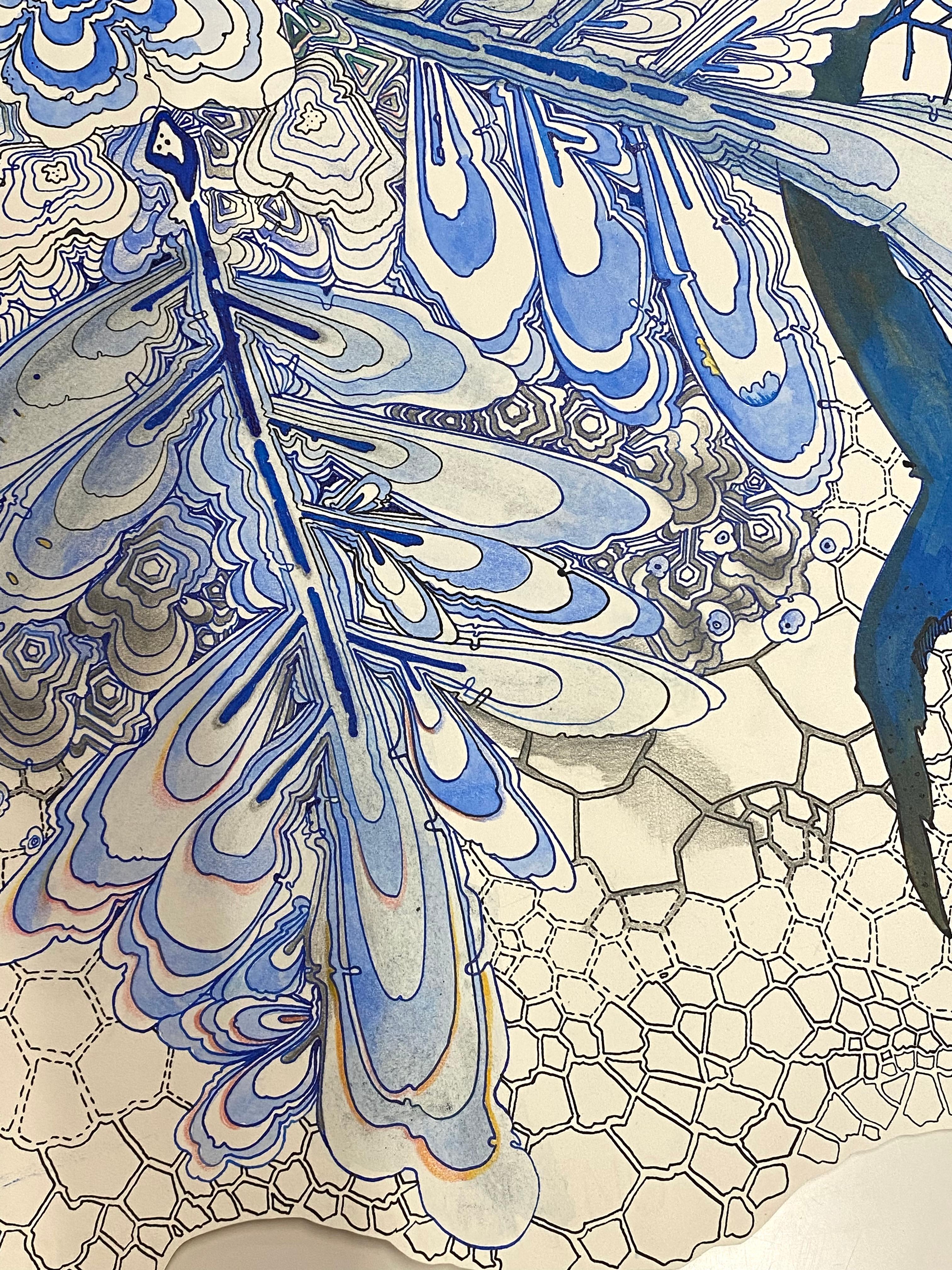 Dirty Fall - Blue Pink Botanical Flowers Pattern Drawing Shaped Paper, 2020 - Gray Abstract Drawing by Sarah Morejohn