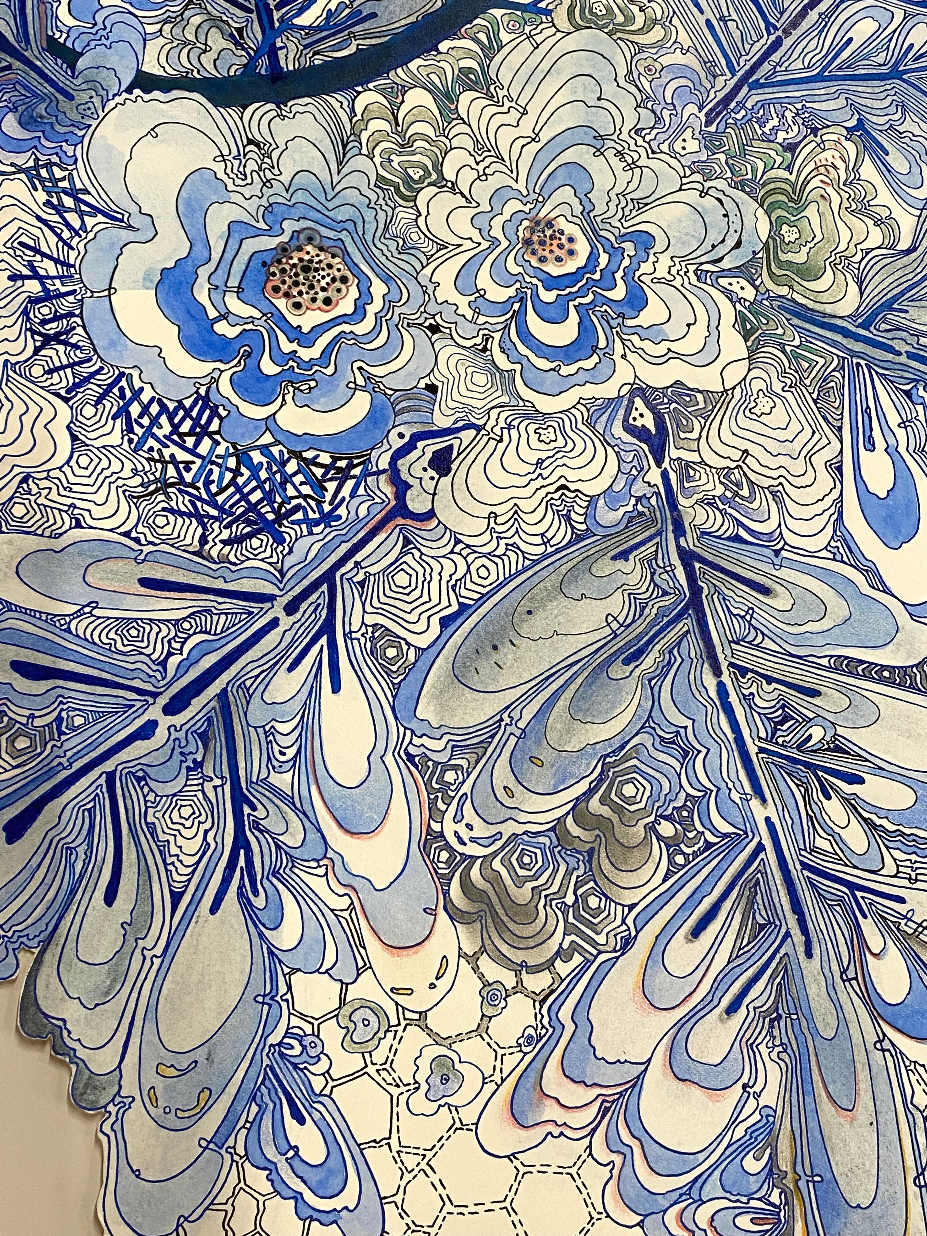 In this contemporary drawing on cut paper with carefully drawn dots and lines in soft shades of indigo blue with light pink flowers, the intricate composition is inspired by patterns in nature. This drawing in ink, watercolor, graphite and colored