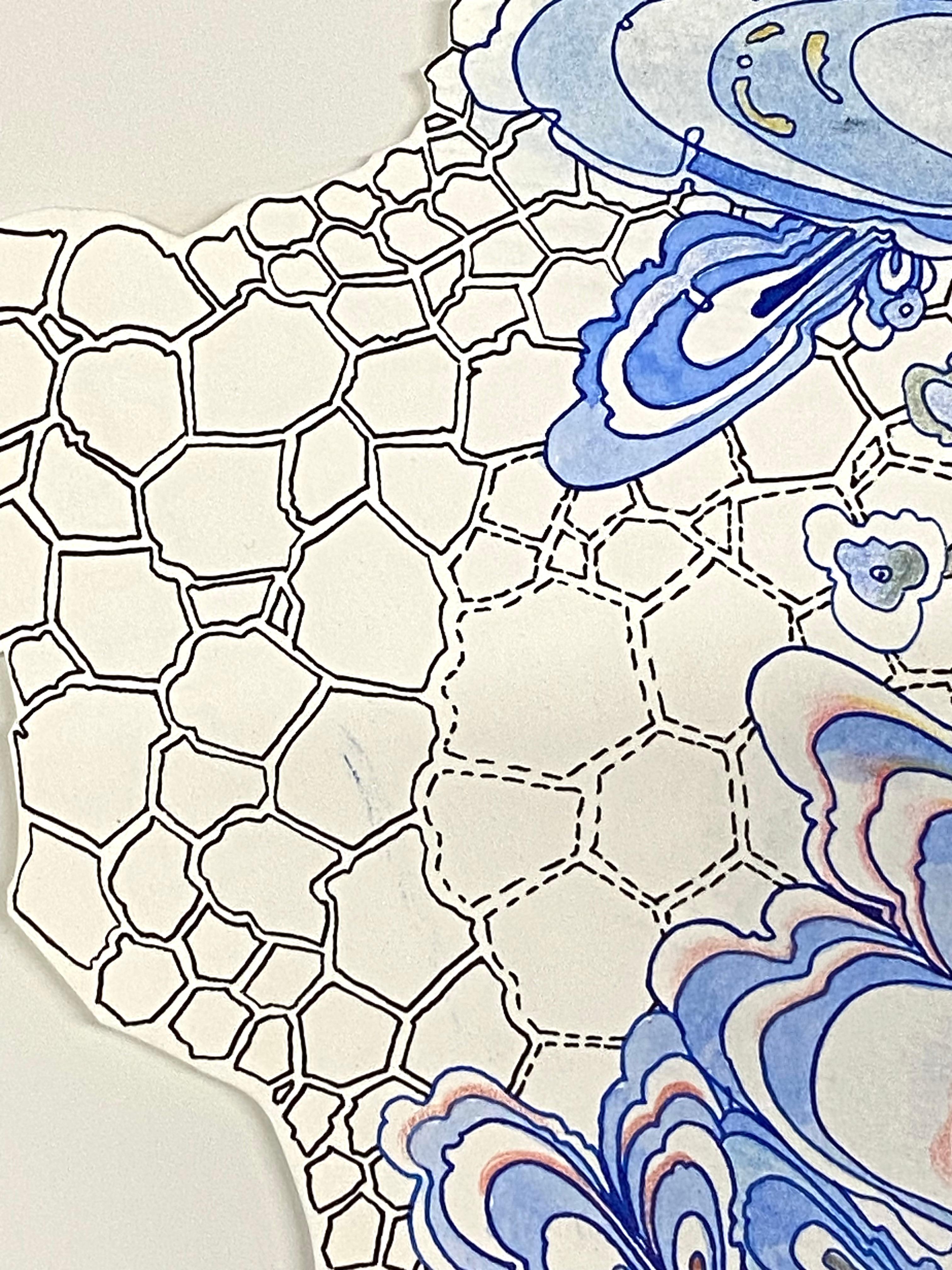 Dirty Fall - Blue Pink Botanical Flowers Pattern Drawing Shaped Paper, 2020 For Sale 3