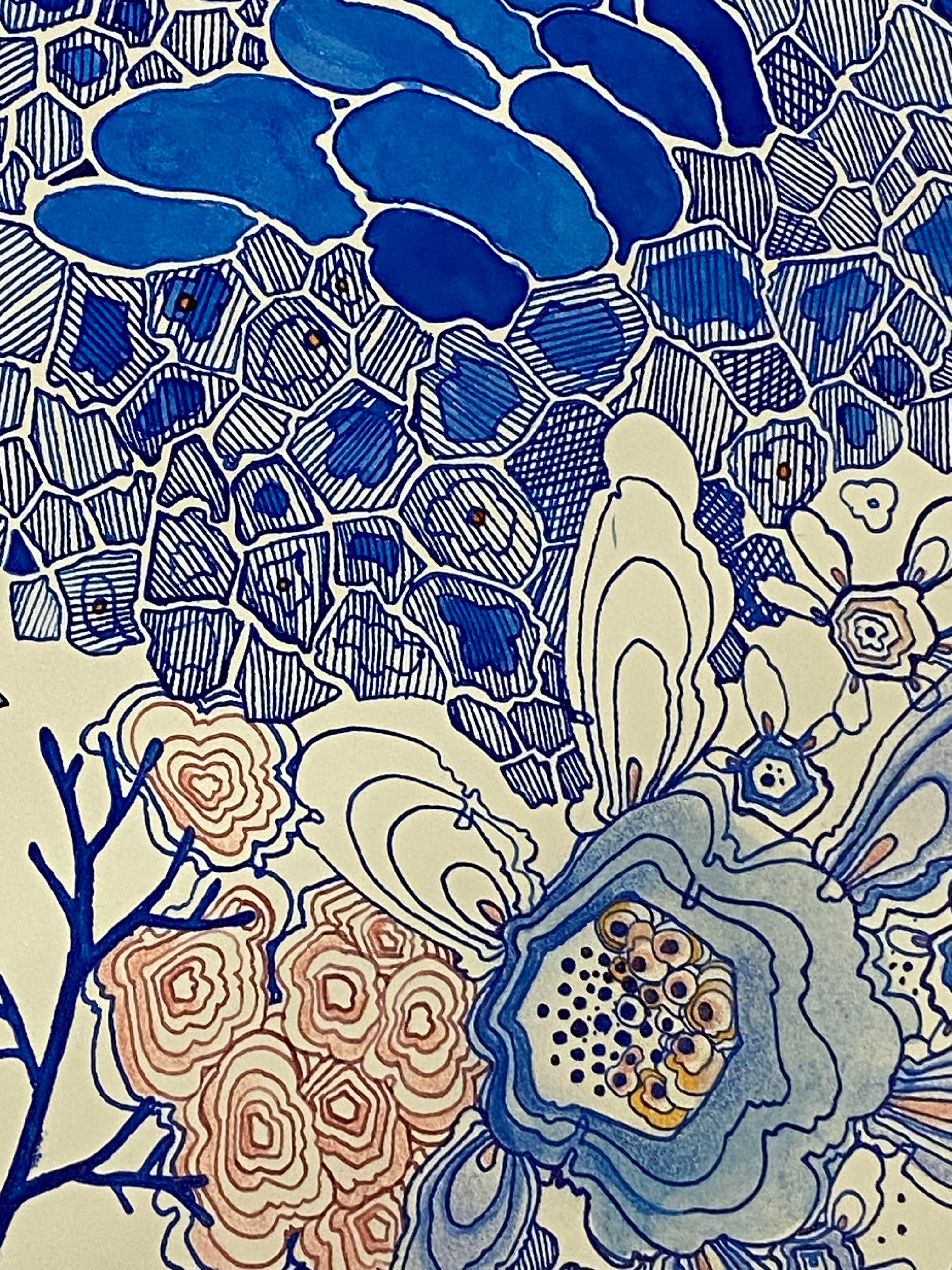 Dirty Fall - Blue Pink Botanical Flowers Pattern Drawing Shaped Paper, 2020 For Sale 6